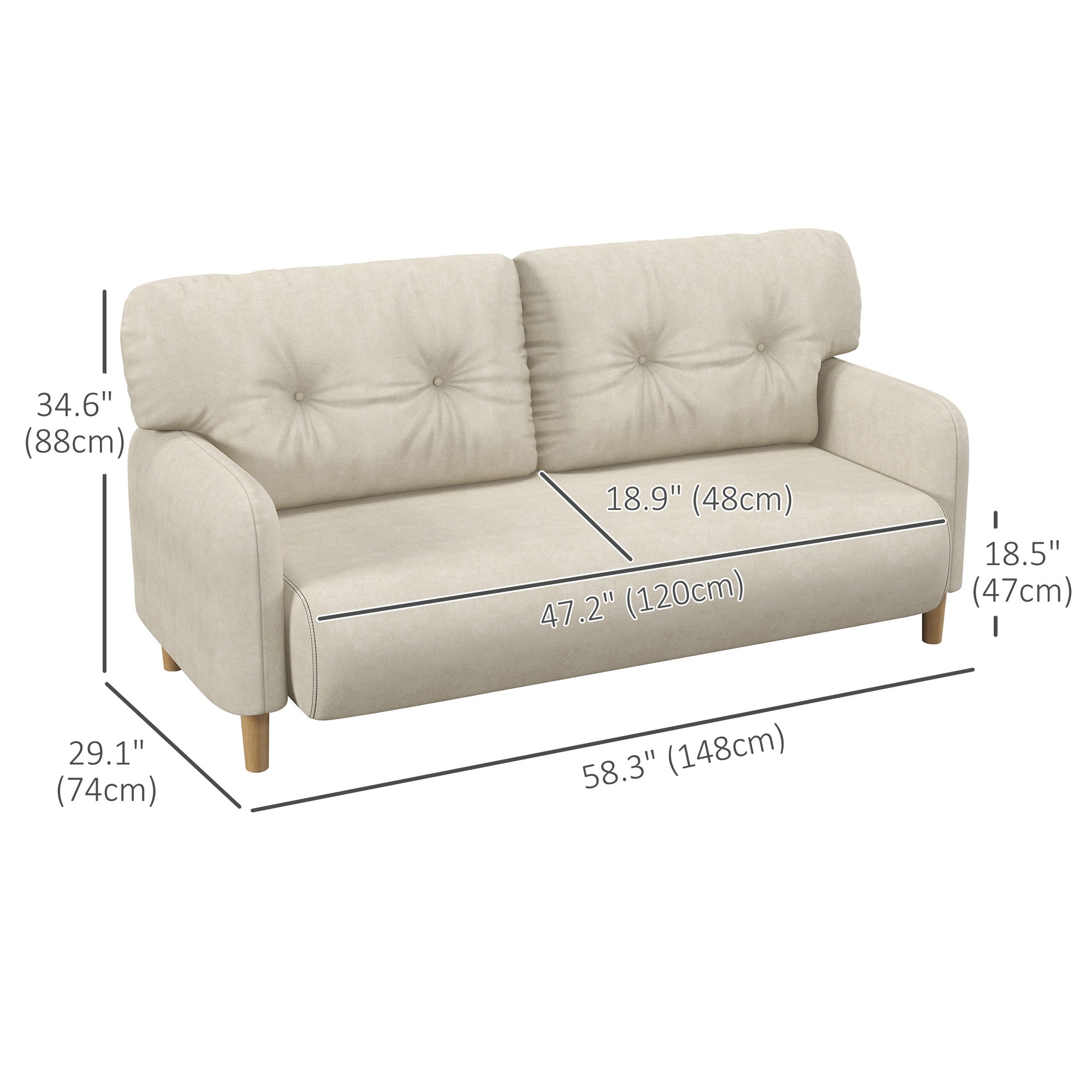HOMCOM 58" 2 Seat Sofa Modern Love Seats Furniture Upholstered 2 Seater Couch Solid Wood Frame Beige for Living Room Bedroom 