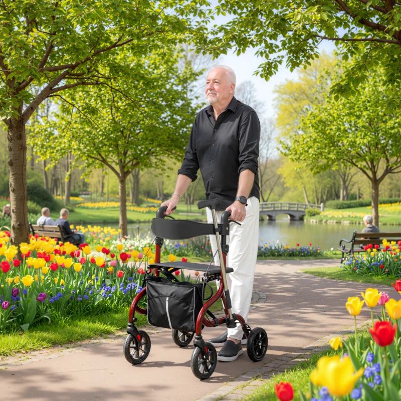 Foldable Rollator Walker with Seat for Seniors, Lightweight Rolling Walker with Adjustable Handles, Red