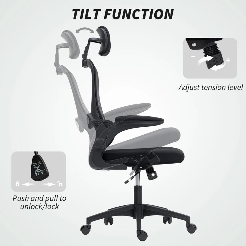 Ergonomic Mesh Office Chair, High Back Desk Chair with Rotatable Headrest, Flip-Up Armrests, Lumbar Support, Black