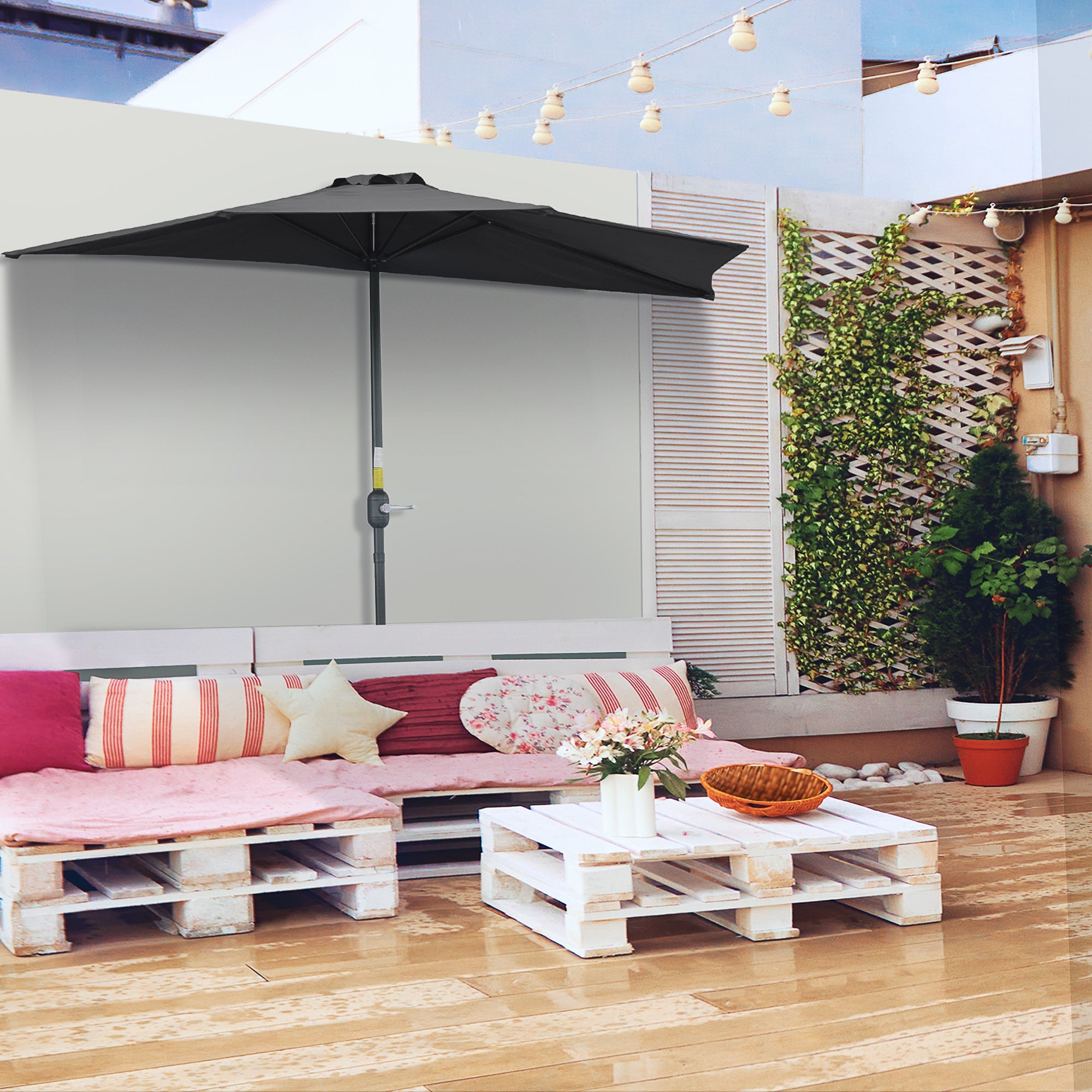 Outsunny Patio Umbrella: 9ft Half Round Balcony Garden Parasol Sun Shade Black 