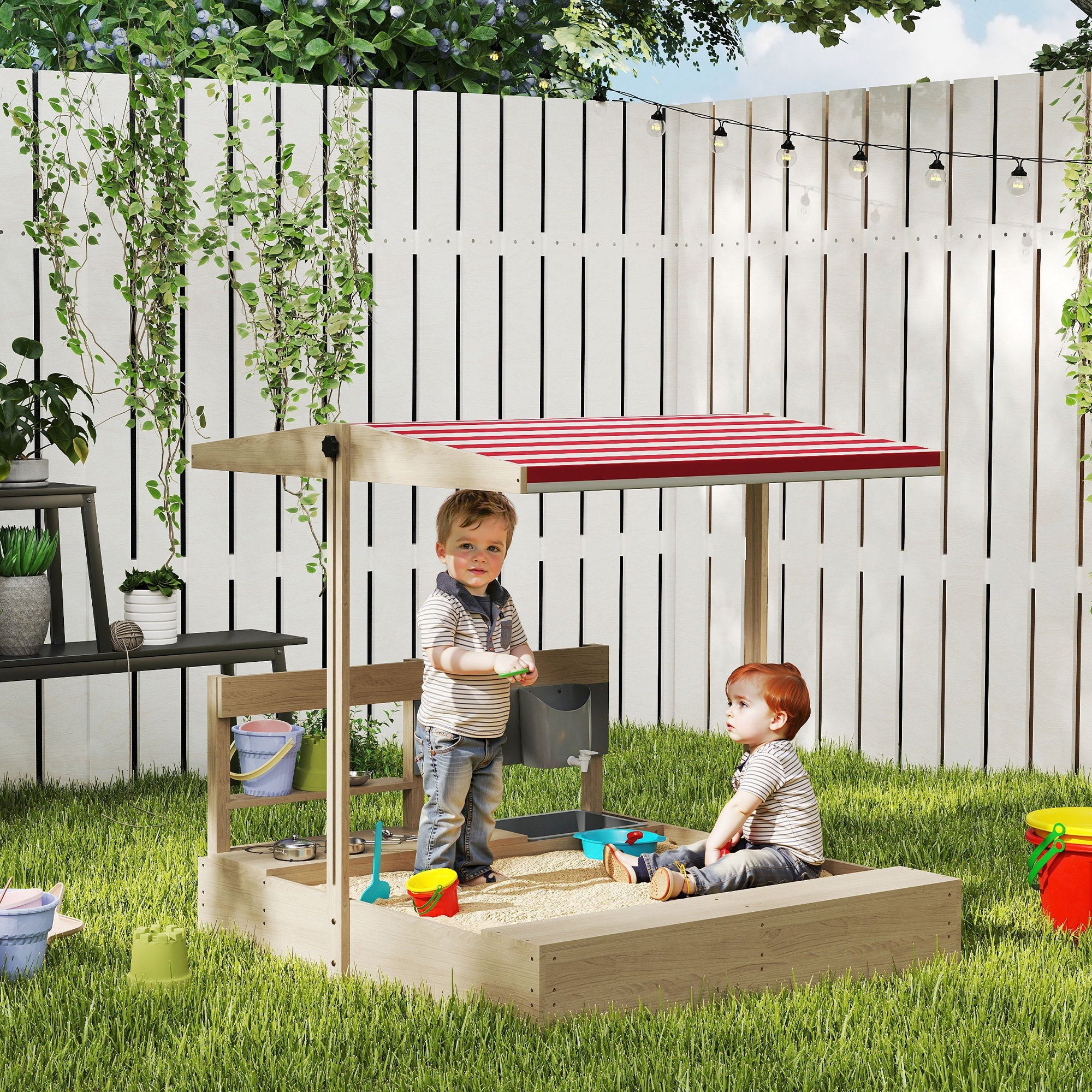 Outsunny Kids Sandbox with Cover Kitchen Playset Toys, Wooden Sand Box with Seat, Storage, for 3-7 Years Old, Natural Wood 