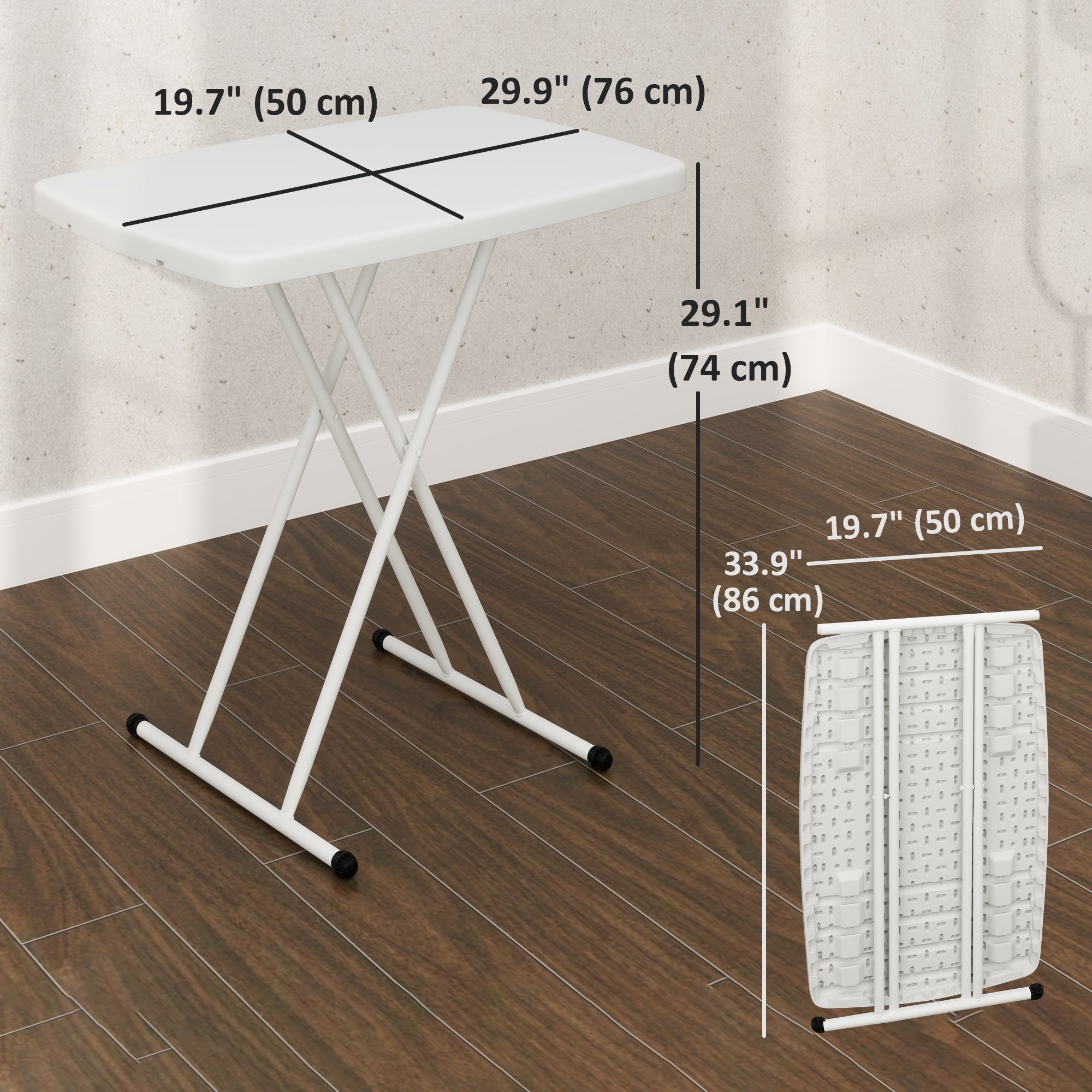 Outsunny Portable Patio Side Table, Height Adjustable Outdoor Side Table, Folding Balcony Table with HDPE Top and Metal Frame for Balcony Poolside Deck, White 