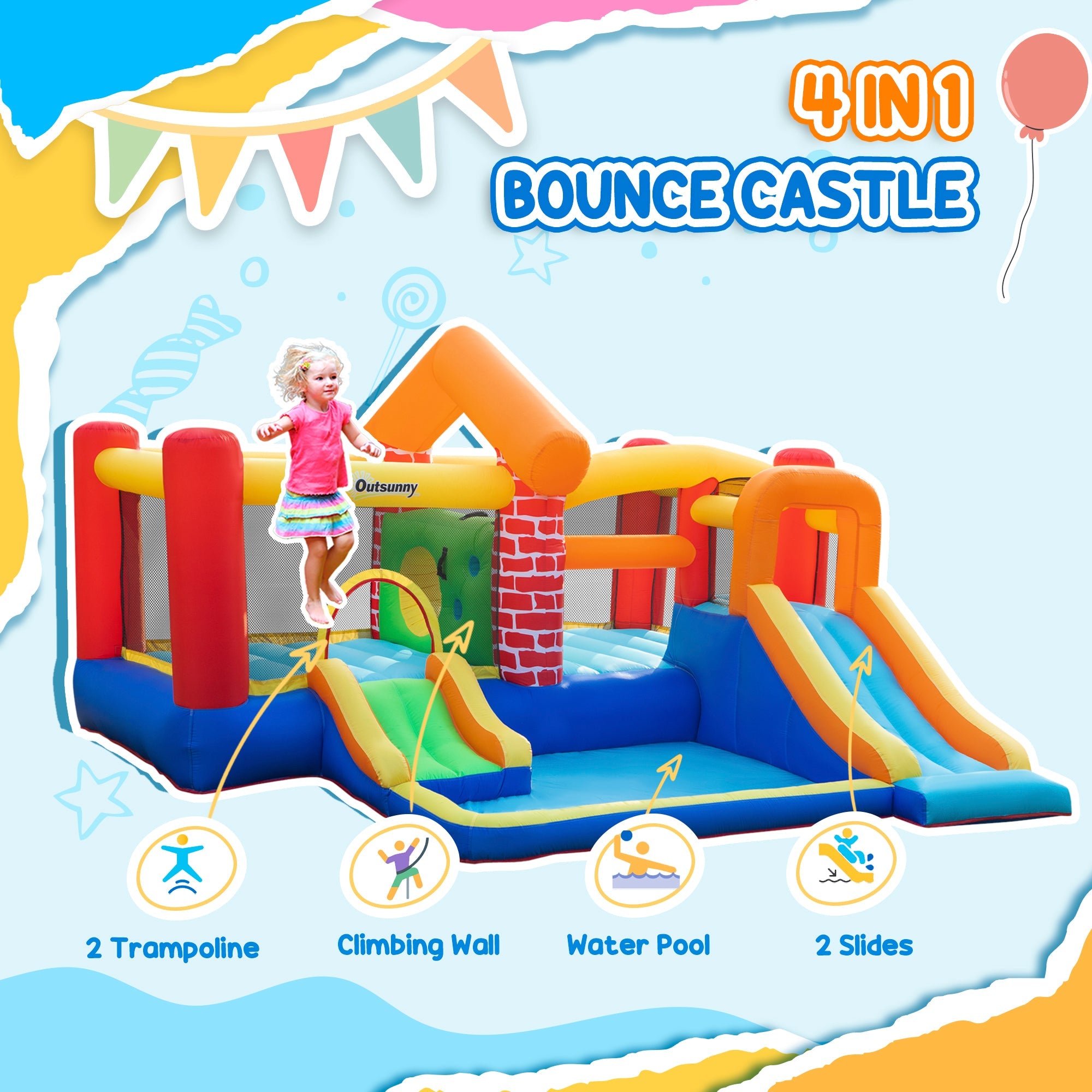 Outsunny 4-in-1 Castle Bounce House for Kids Extra Large Dual Slides Trampoline Carry Bag Air Blower 