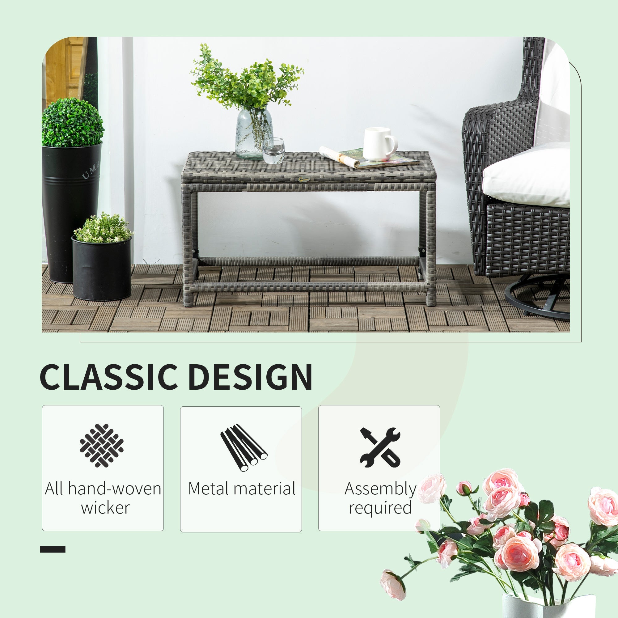 Outsunny Patio Rattan End Table, Outdoor Side Table with Full Woven Table Top for Garden, Balcony, Mixed Grey 