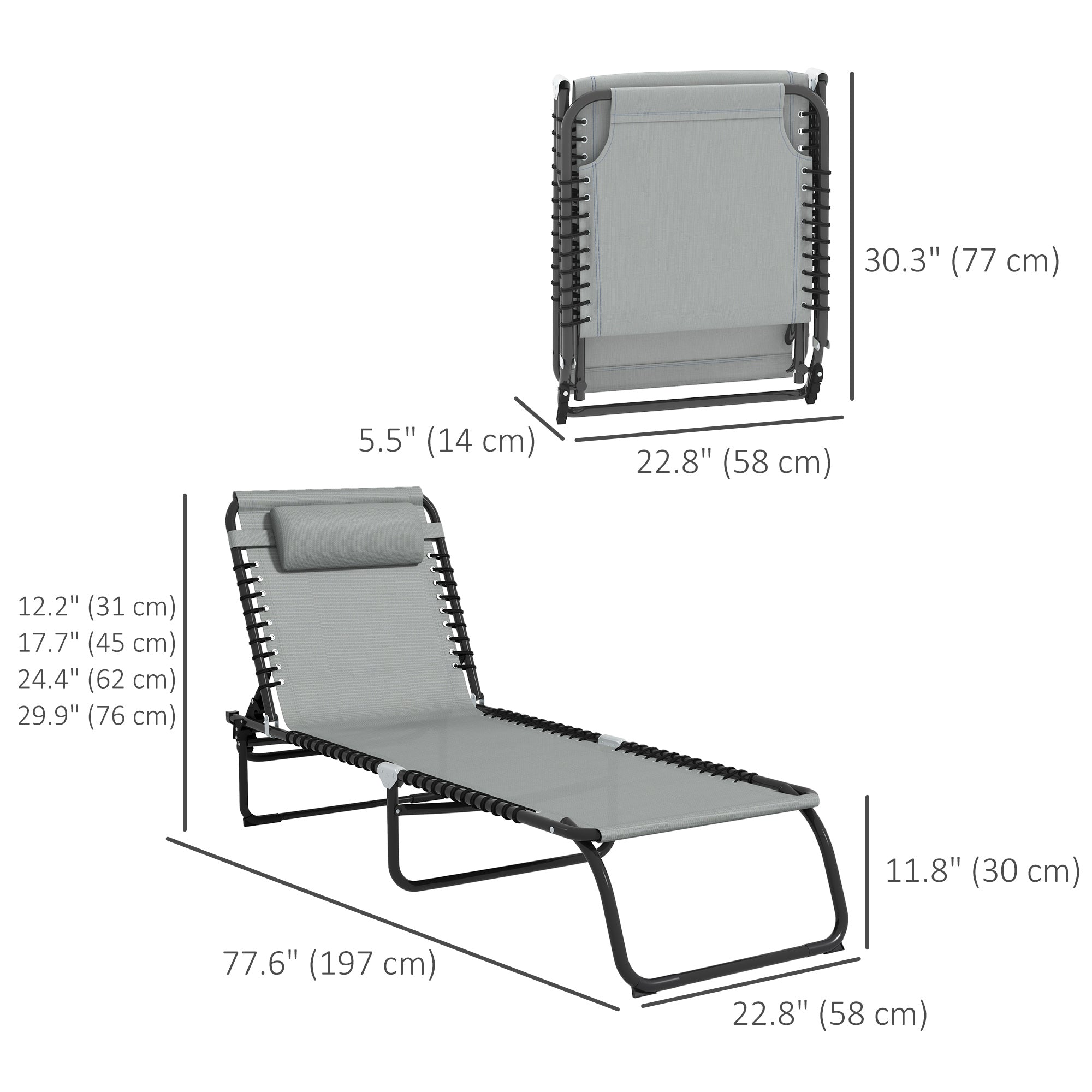 Outsunny Folding Lounge Chair, Adjustable Chaise Lounge with Headrest, Reclining Lounger Cot for Camping, Hiking, Light Grey 