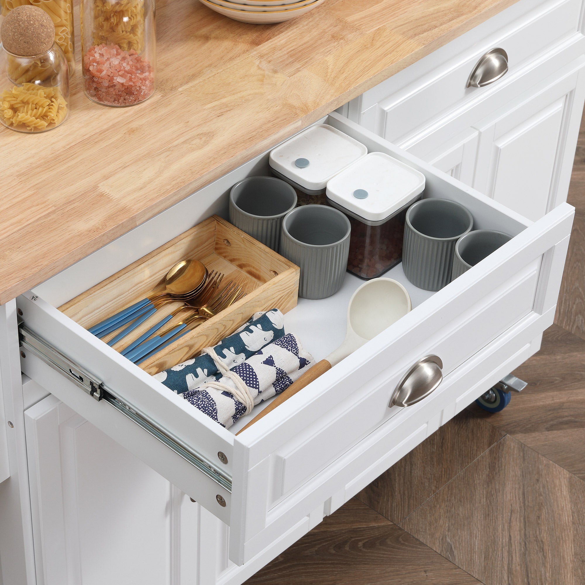 HOMCOM Rolling Kitchen Island on Wheels Utility Cart with Drop-Leaf and Rubber Wood Countertop, Storage Drawers, Door Cabinets, White 