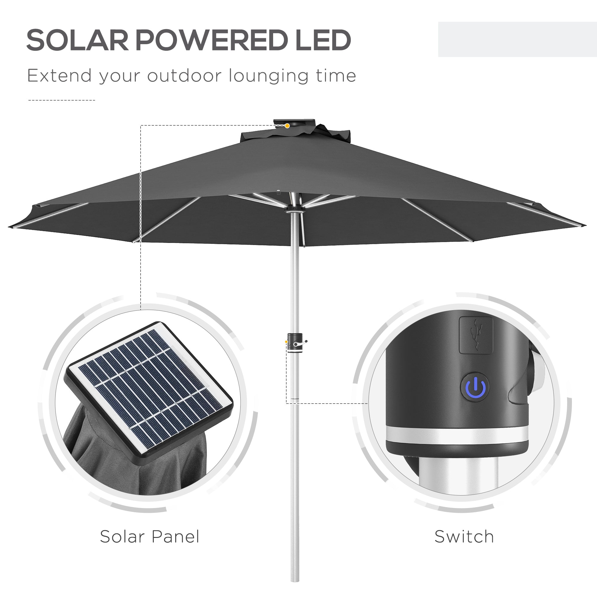 Outsunny LED Patio Umbrella, Lighted Deck Umbrella with 4 Lighting Modes, Solar & USB Charging, Charcoal Grey 