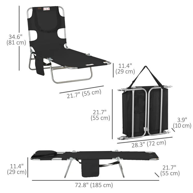 Folding Outdoor Lounge Chair, 5-Level Tanning Chair with Face Hole, Side Pocket, Carry Strap for Beach Pool, Black