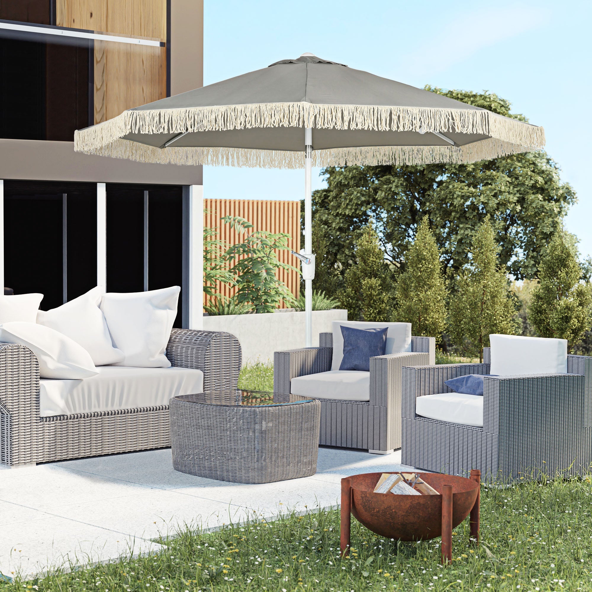 Outsunny Outdoor Sun Umbrella 8.7x8.7 ft with Tilt Fringed Ruffles Patio Table Parasol Grey 