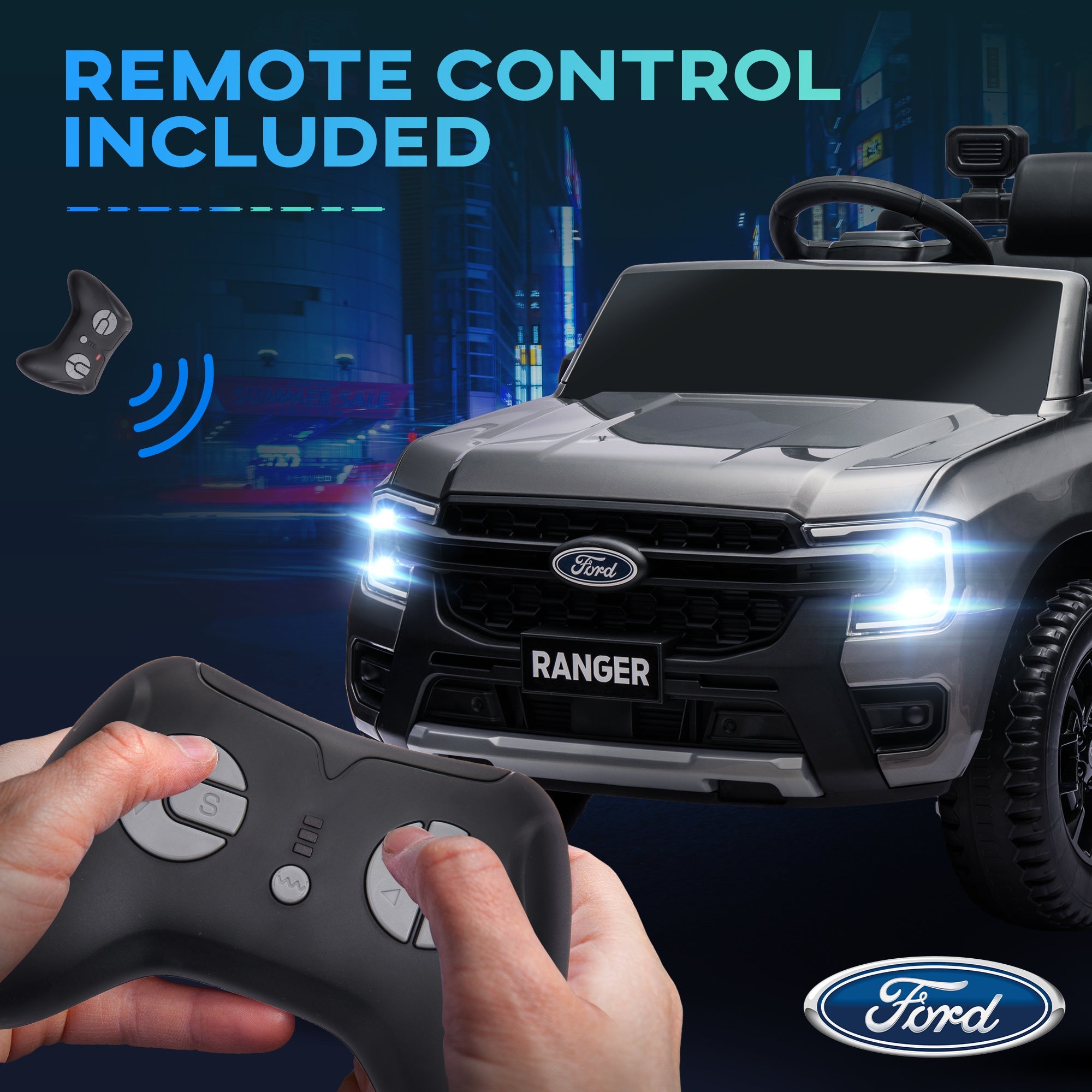 Qaba Ford Ranger Licensed 12V Ride on Car Battery Powered Kids Truck w/ Rear Storage Remote, Spring Suspension, Grey 