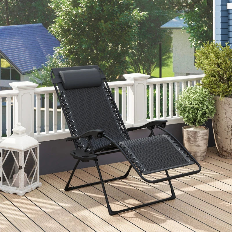 Wicker Folding Lounge Chair with Adjustable Backrest, Rattan Recliner Chair with Headrest & Side Table Tray, Black