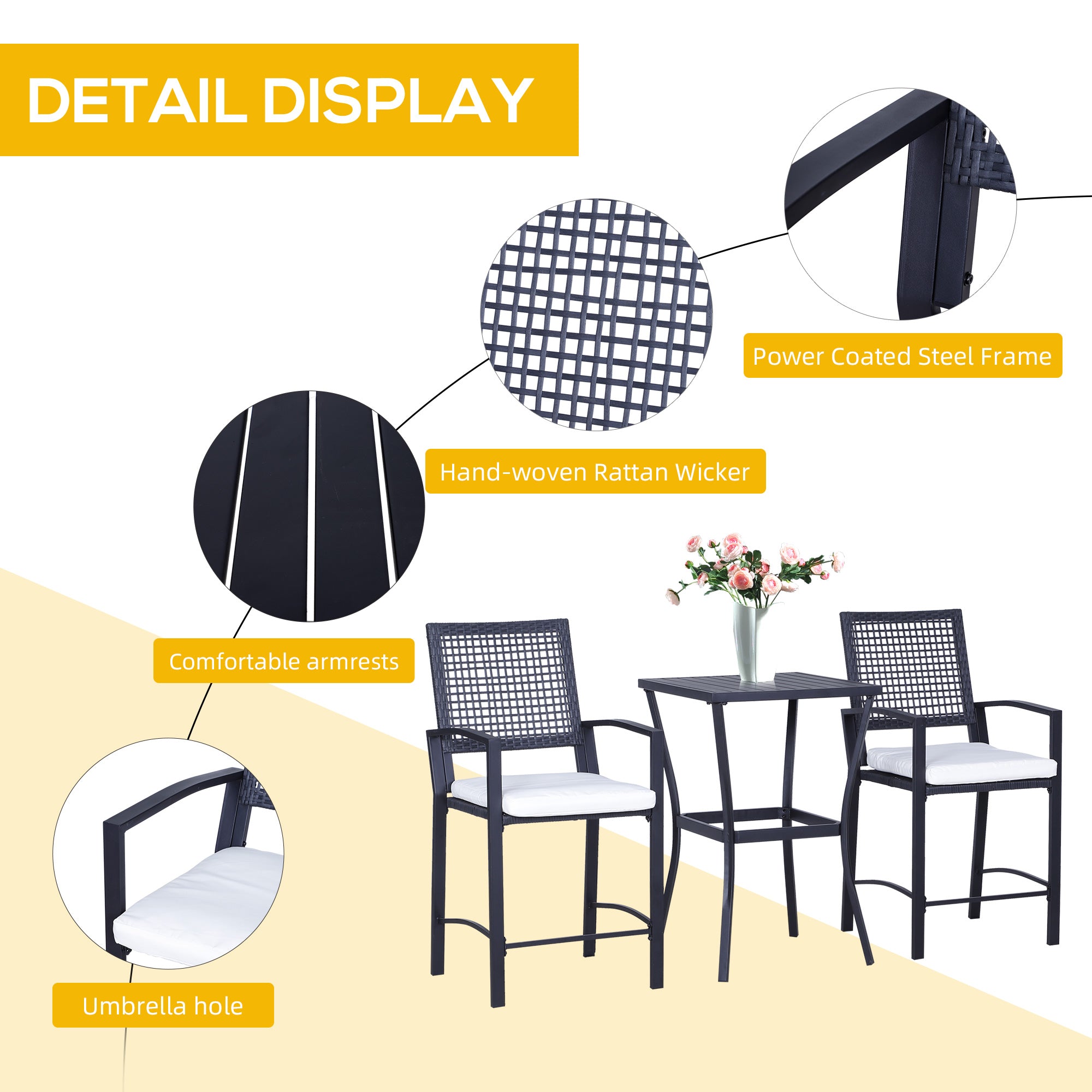 Outsunny Outdoor Wicker Bar Set 3PC Classic Bistro Bar Set Garden Rattan Style Patio Bar Table High Chairs Cream White 