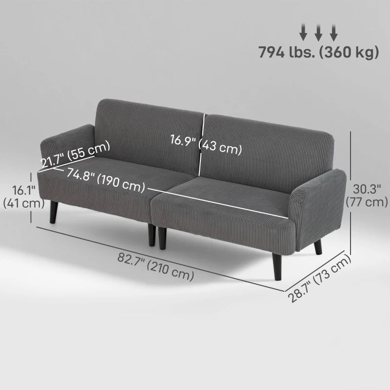 Modern Couch, 3 Seater Sofa, Corduroy Loveseat with Rubberwood Legs and Extra-Wide Seat, Grey