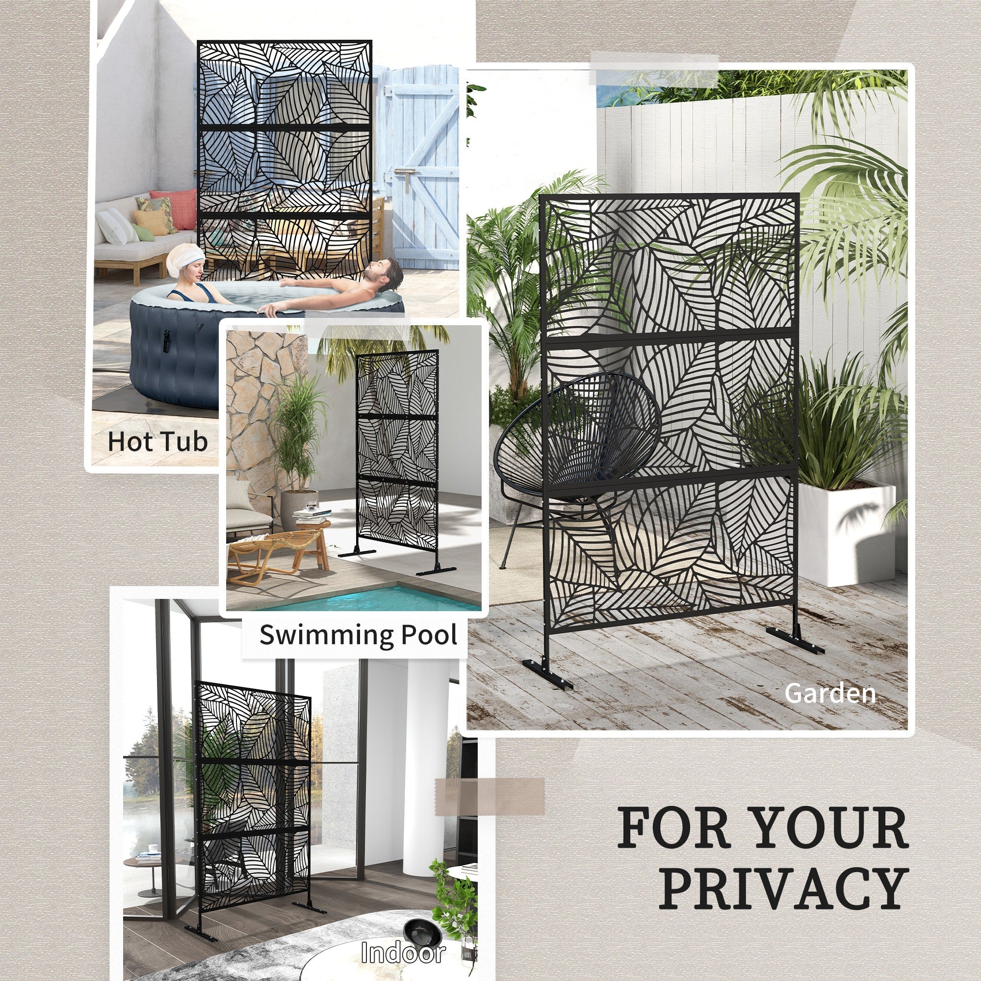 Outsunny 6.5FT Decorative Outdoor Divider, Metal Privacy Screen with Stand, Large Leaf Style, Black 