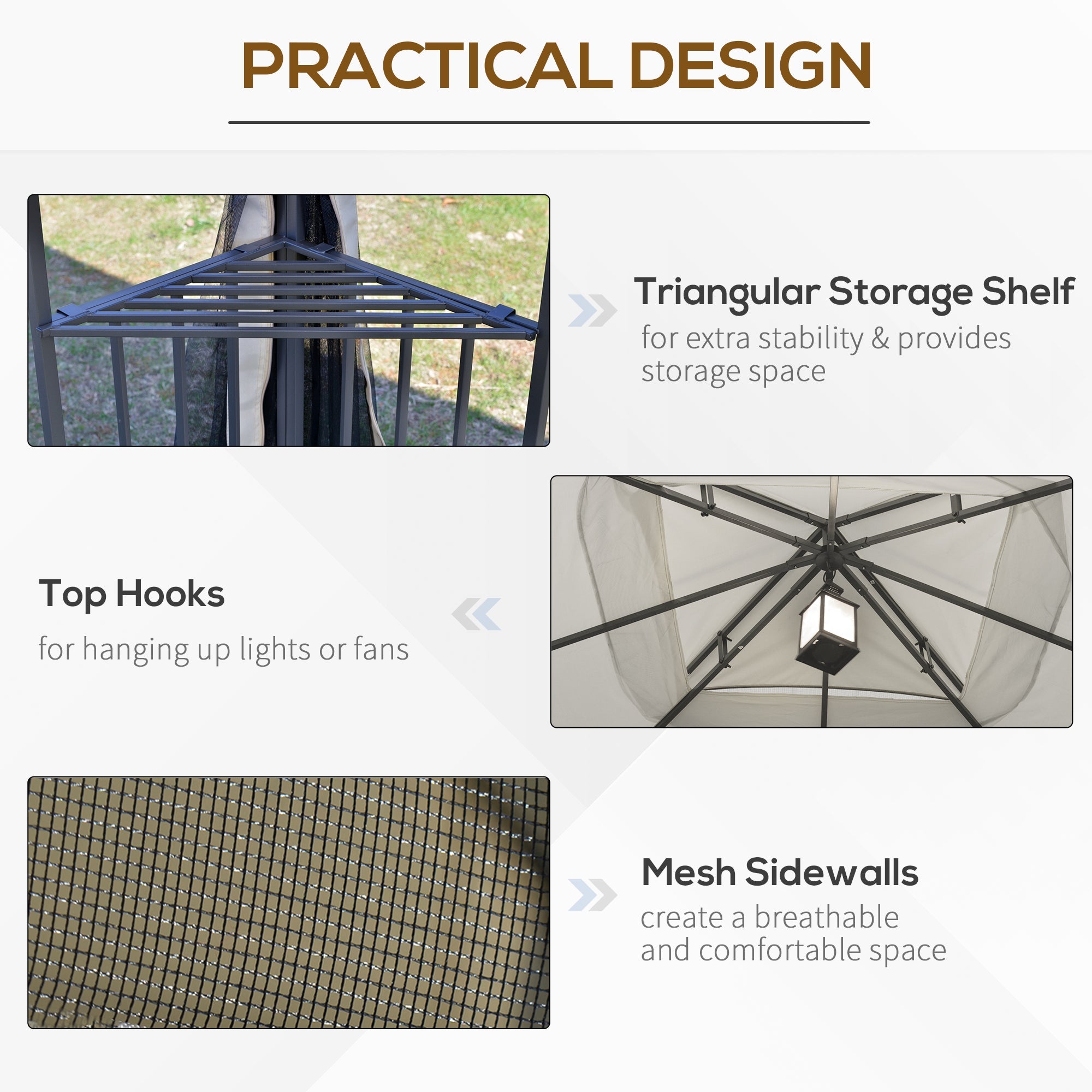 Outsunny 10'x10' Soft-top Patio Gazebo Deck Canopywith Double Tier Roof, Removable Mesh Curtains, Display Shelves, Top Hooks, Beige 