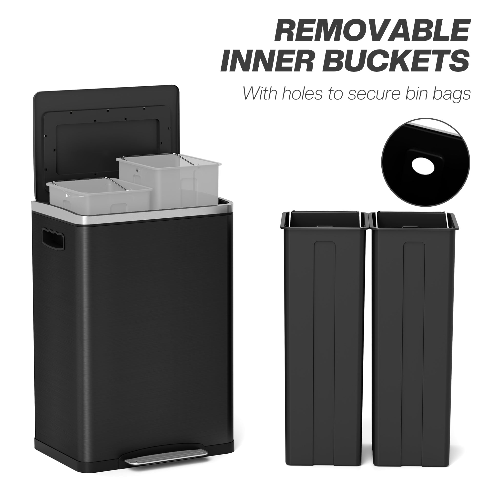 HOMCOM 2 x 20 Liter Garbage Bin, Stainless Steel Garbage Can with Soft-Close Lid and Removable Inner Buckets, Black 