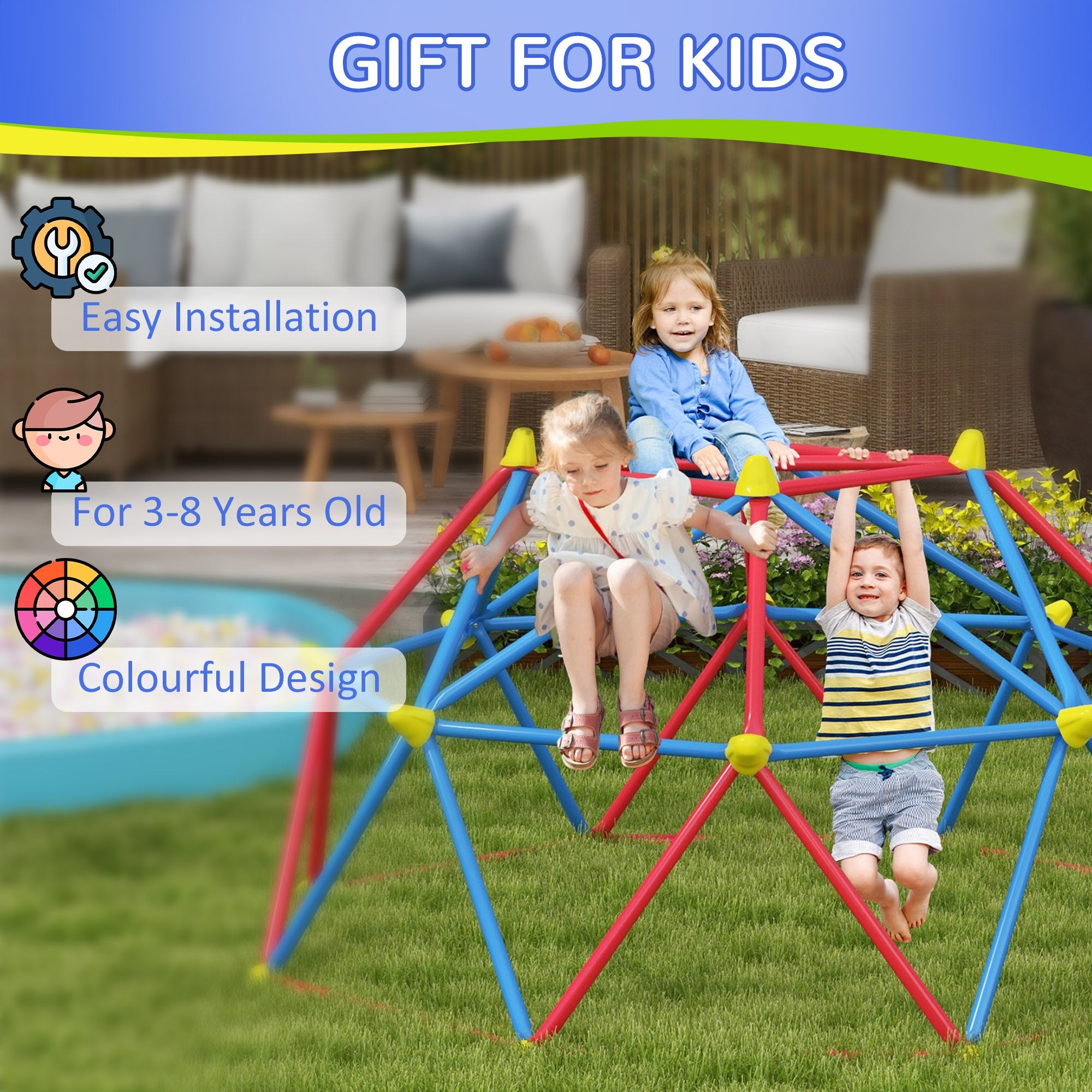Outsunny Kids Climbing Dome - 6 FT Geometric Jungle Gym with Rust & UV-Resistant Steel, Supports up to 396 lbs, for Ages 3-8 