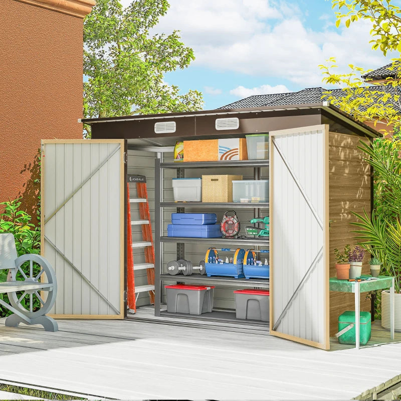 8 x 4FT Galvanized Garden Storage Shed, Metal Outdoor Shed with Double Doors and 2 Vents, Oak