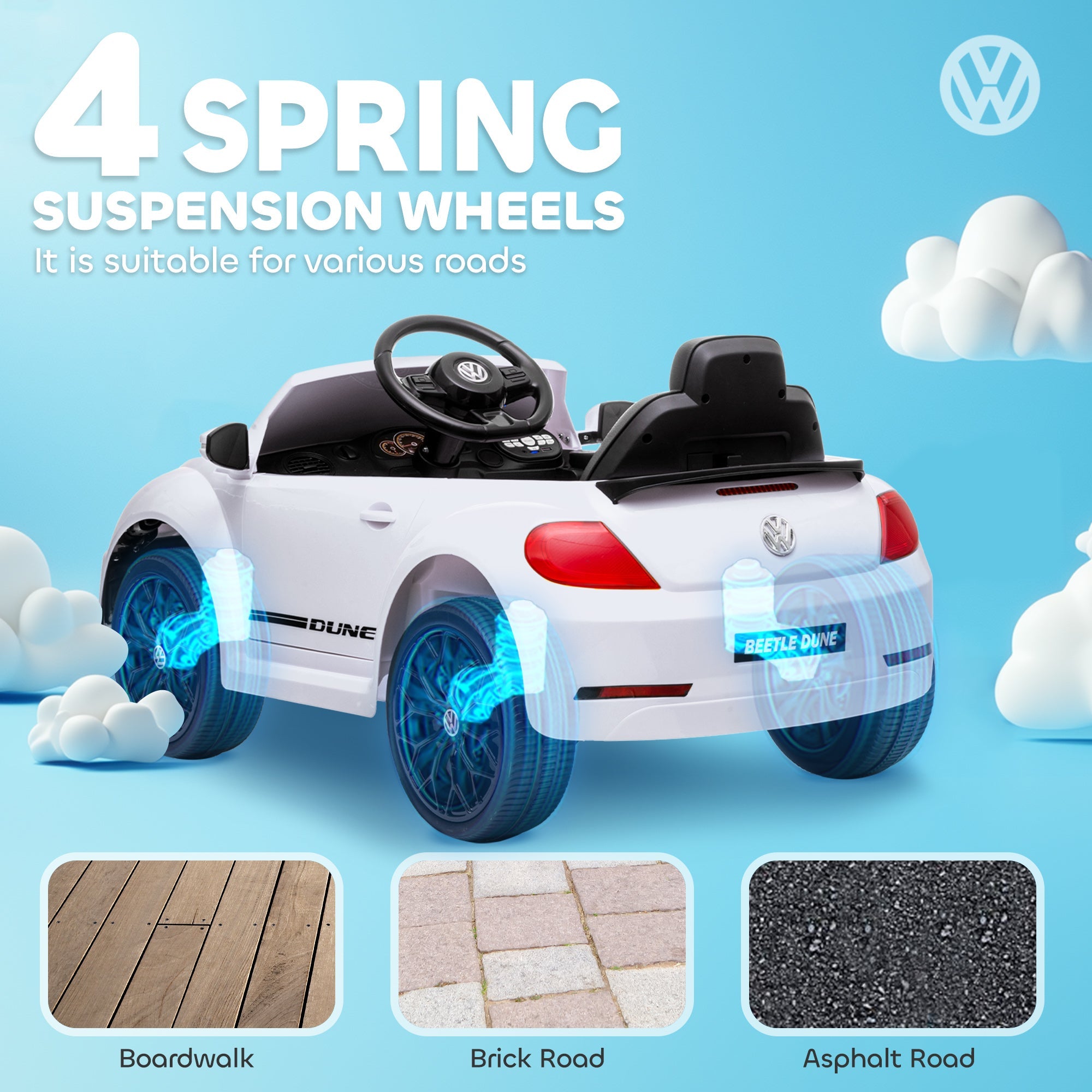 Qaba 12V Volkswagen Beetle Licensed Electric Car for Kids w/ Remote Control, 4 Spring Suspension Wheels, Soft Start, White 
