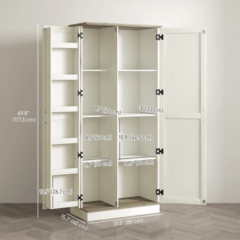 70" Tall Kitchen Pantry Cabinet with Door Shelves and Adjustable Shelves, Cream White