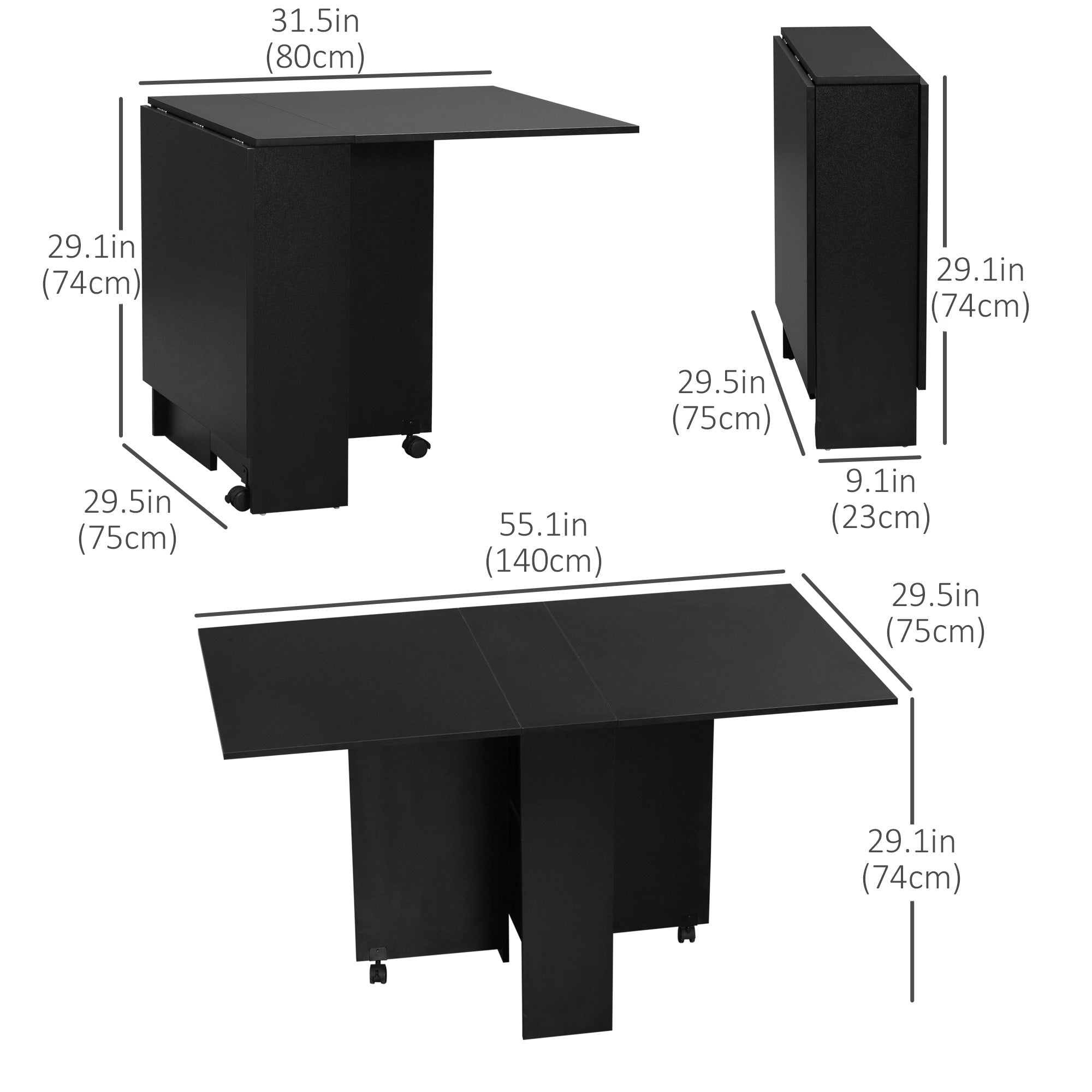 HOMCOM Folding Dining Table Extendable Movable Drop Leaf with Shelves Casters Black for Small Spaces 