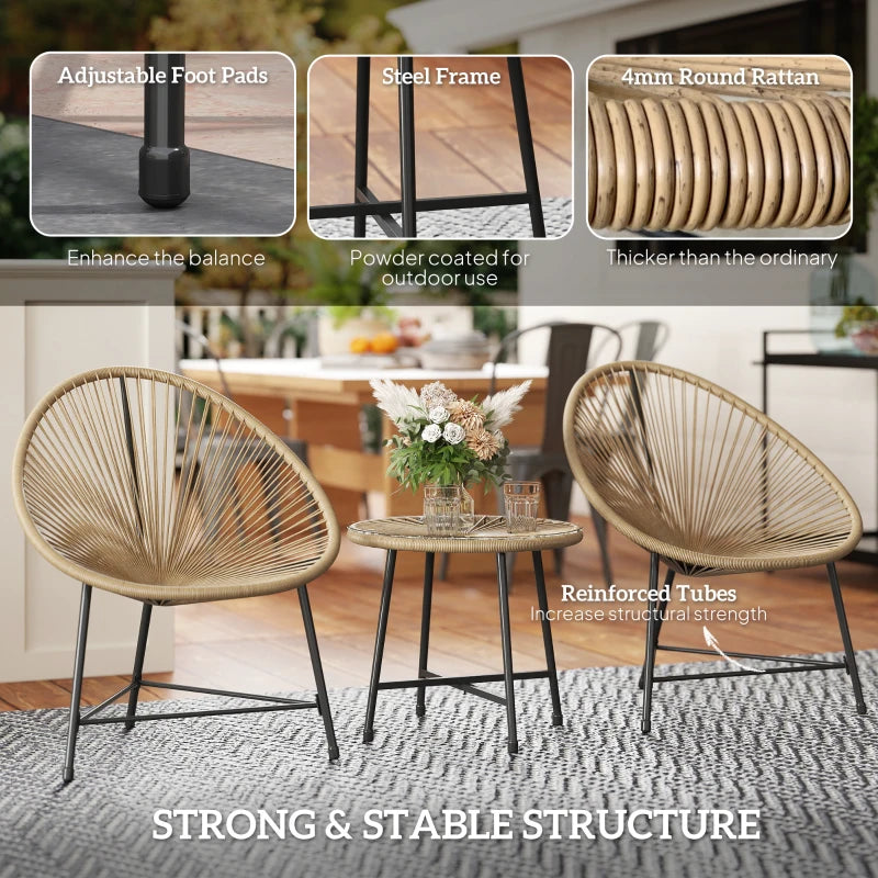 Outdoor Bistro Set, 3 Piece Wicker Patio Furniture Set with Acapulco Chairs and Glass-Top Table, Natural Wood