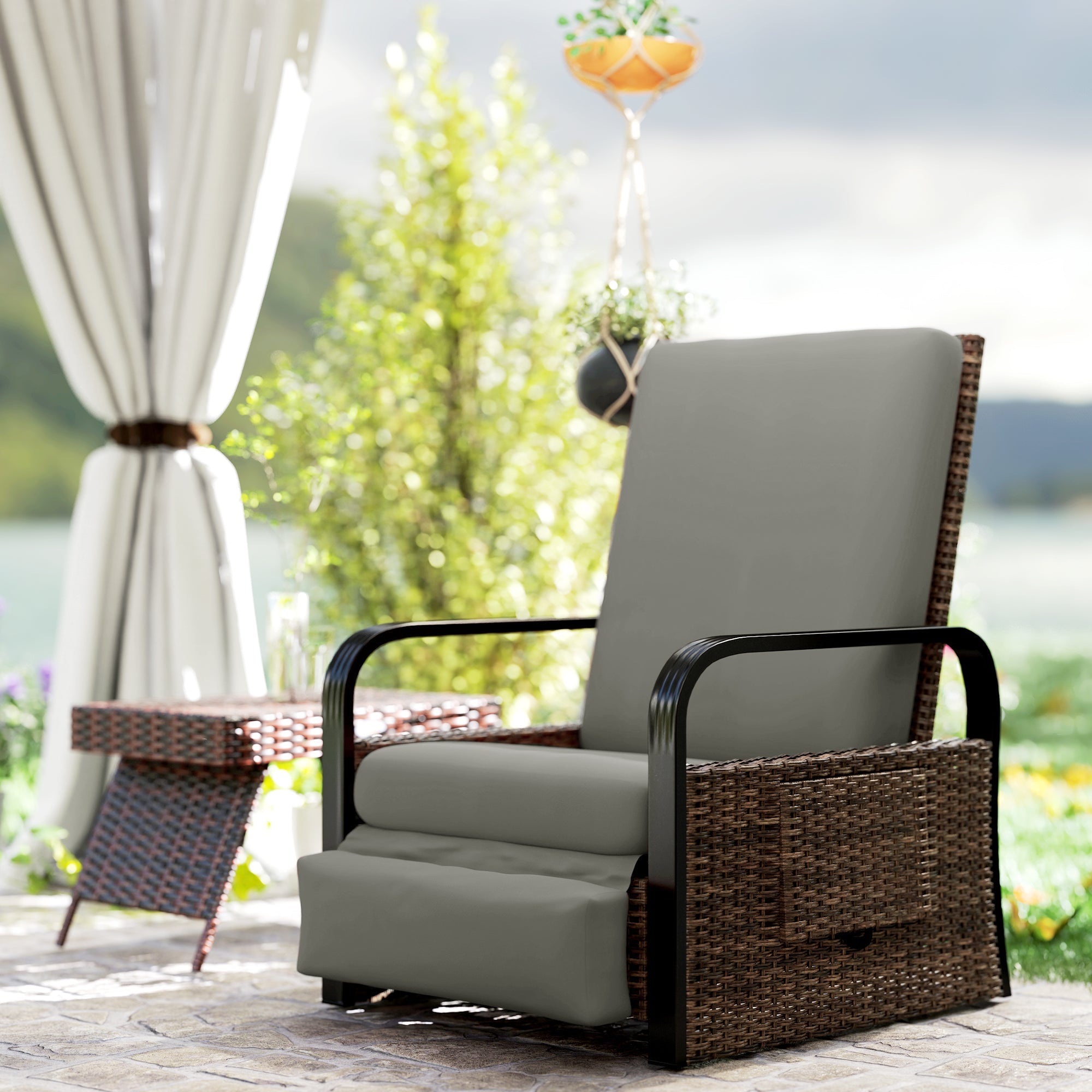 Outsunny Wicker Outdoor Recliner Chair, Reclining Lounge Chair with Adjustable Backrest, Footrest and Side Tray, Light Grey 