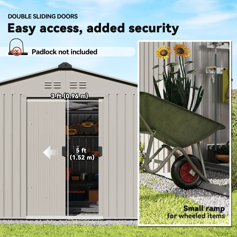 9.1' x 6.4' x 6.3' Garden Storage Shed w/ Foundation Kit Metal Tool Storage House w/ Double Doors Grey