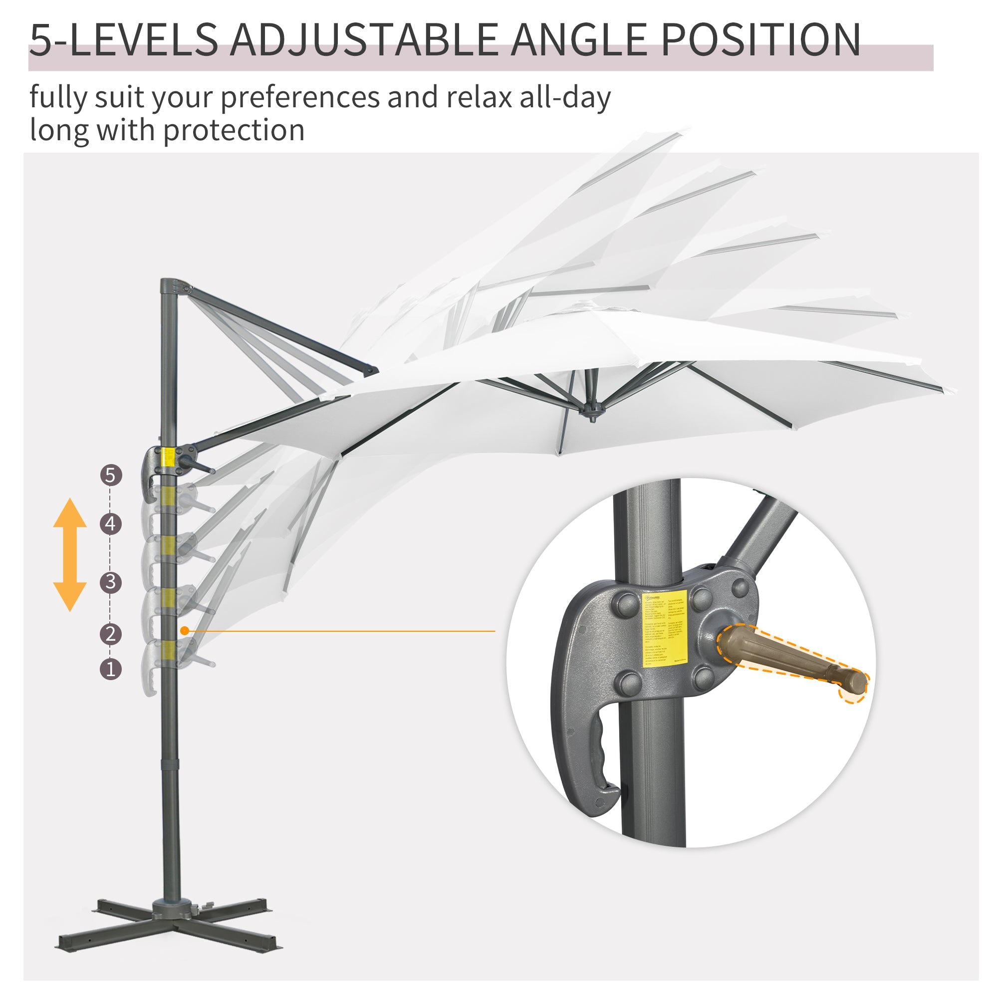 Outsunny Offset Patio Umbrella: 10ft Cantilever Sun Shade Cross Base 361° Rotation White Poles 