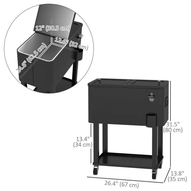 60 Quart Rolling Outdoor Cooler, Portable Rolling Patio Cooler Cart with Locking Wheels, Storage Shelf, Black