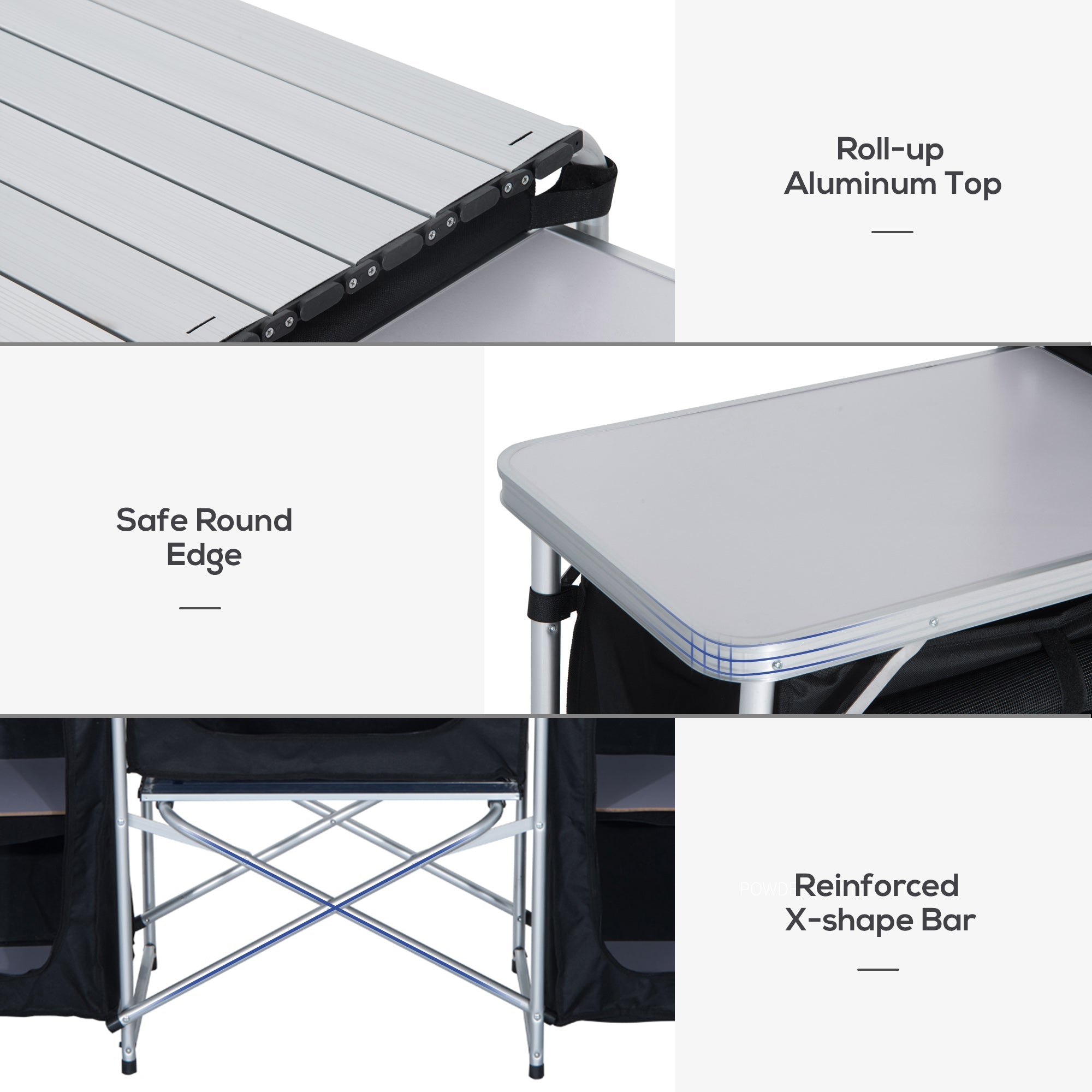 Outsunny Folding Camping Kitchen Table with Carrying Bag, Windscreen and 3 Enclosed Cupboards, Aluminum Cook Station, Black 