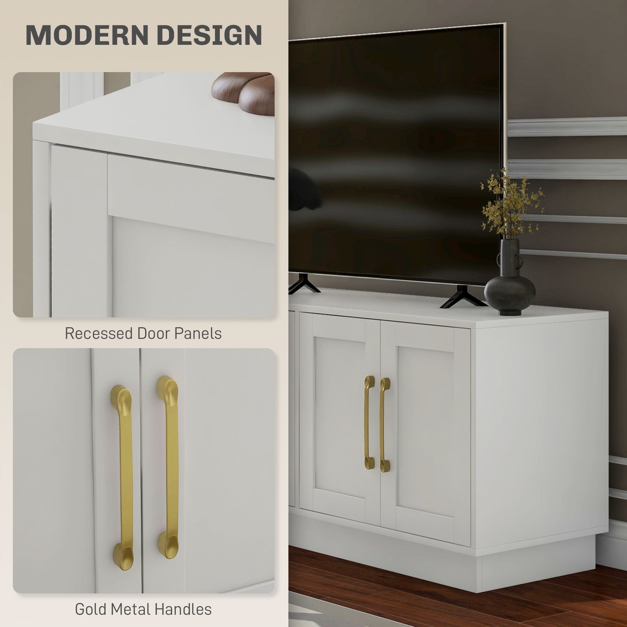 HOMCOM Modern TV Stand Cabinet for TVs up to 55" 4 Doors 2 Shelves Cable Management Wood Living Room Entertainment Center Storage White 