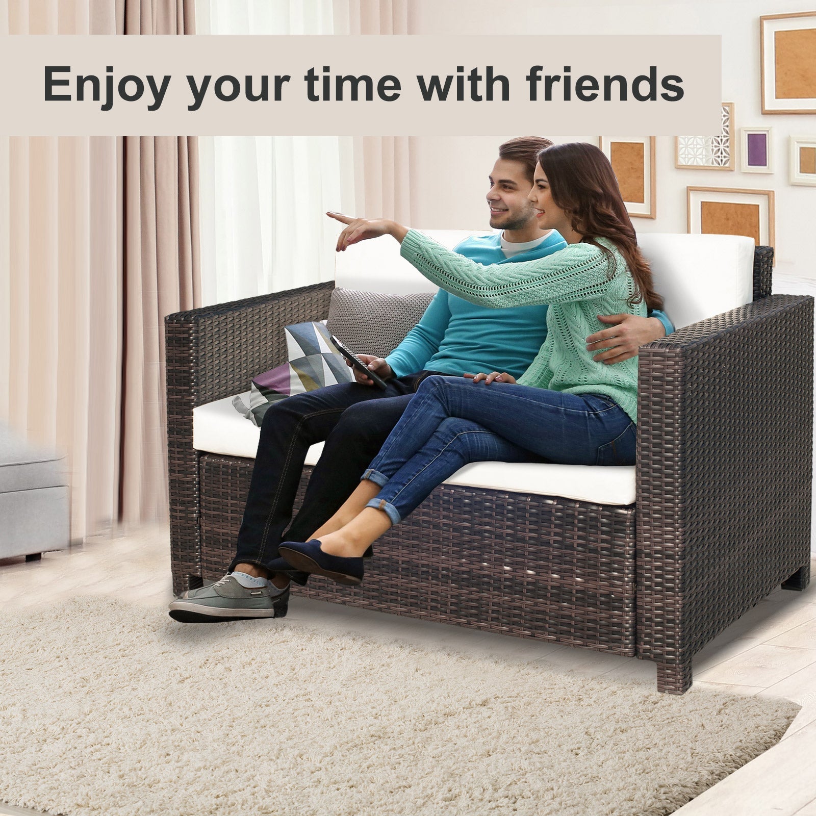Outsunny Deluxe 2 Seat Rattan Wicker Sofa Garden Cushioned Brown 