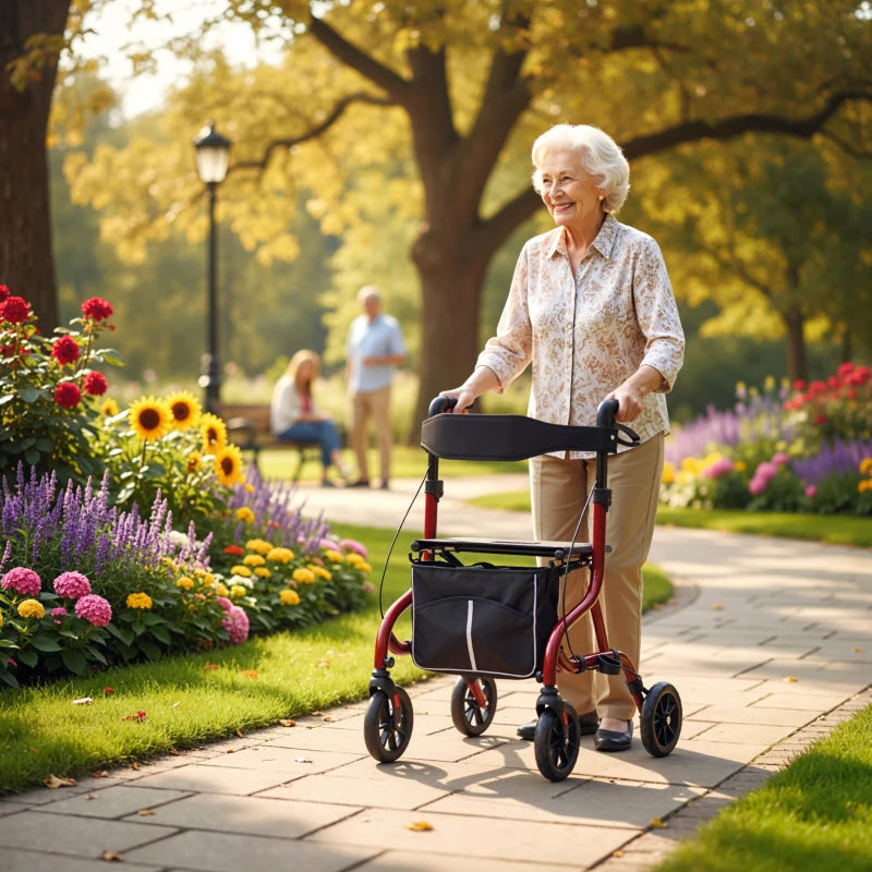 Foldable Rollator Walker with Seat for Seniors, Lightweight Rolling Walker with Adjustable Handles, Red