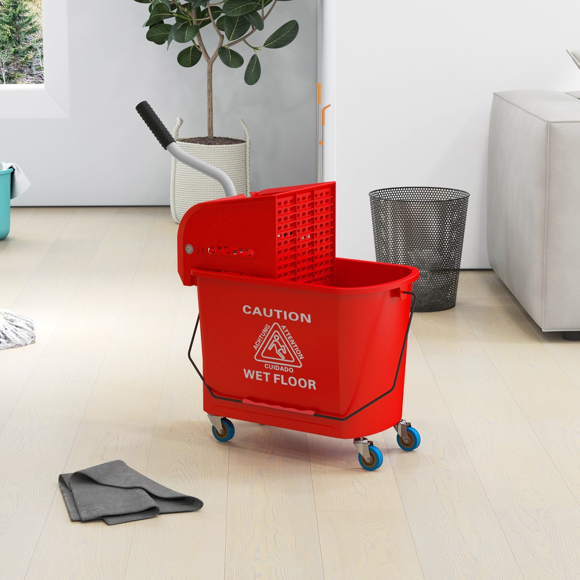 HOMCOM Mop Bucket with Wringer, Mop Bucket on Wheels for Floor Cleaning, 5 Gallon, Separate Dirty and Clean Water, Red 