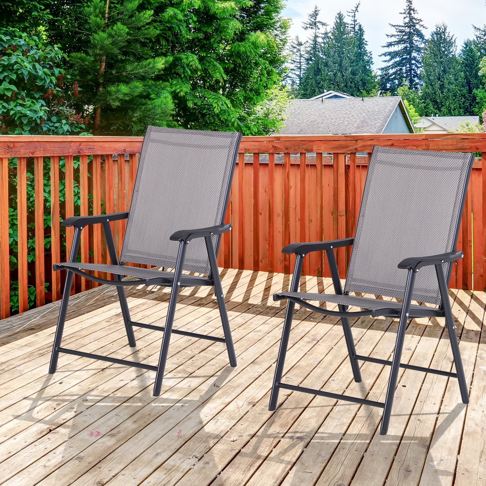 Outsunny Garden Chairs Set of 2 Foldable Steel Outdoor Patio Park Seating Furniture Grey Comfort Durable 