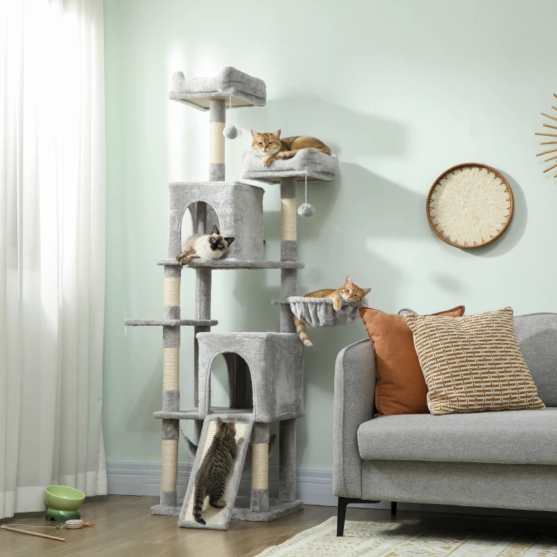 Cat Tree, 70" Multi-Level Cat Tower with 2 Condos, 2 Beds, Hammock, Toy Balls, Scratching Posts and Board, Light Grey