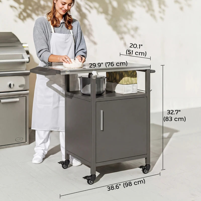 Outdoor Grill Cart with Steel top, Pizza Oven Stand with Cabinet, Spice Rack, Towel Holder, Bottle Opener, Brown