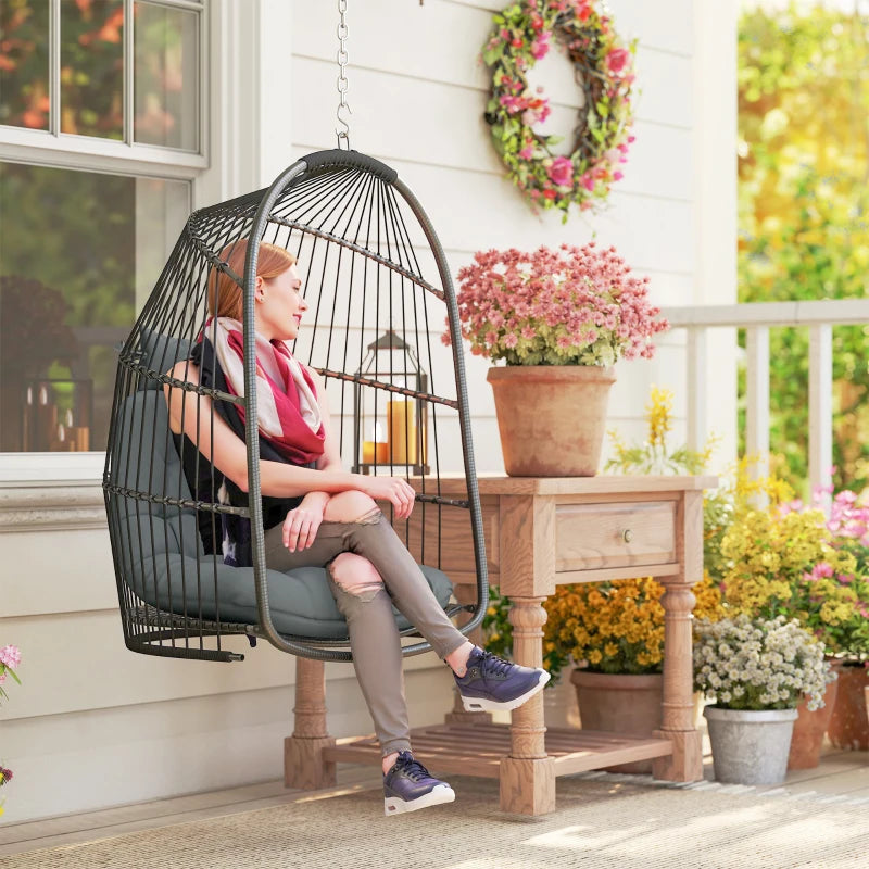 Hanging Egg Chair, Foldable Rattan Garden Swing Chair with Installation Kit, Thickened Cushion and Headrest, Dark Grey