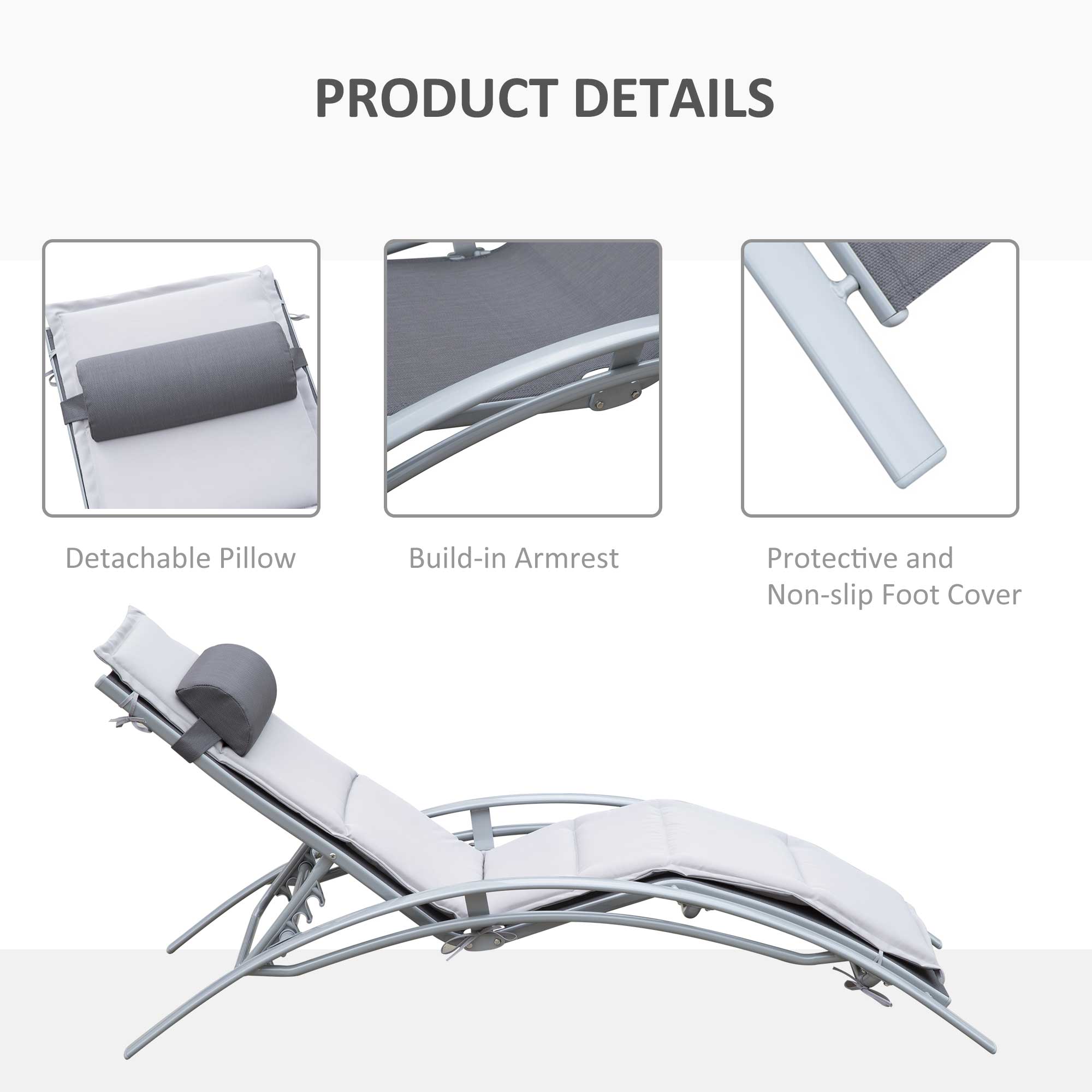 Outsunny Patio Tanning Chair with Cushion Grey Aluminum 5-Level Adjustable Backrest and Head Pillow 