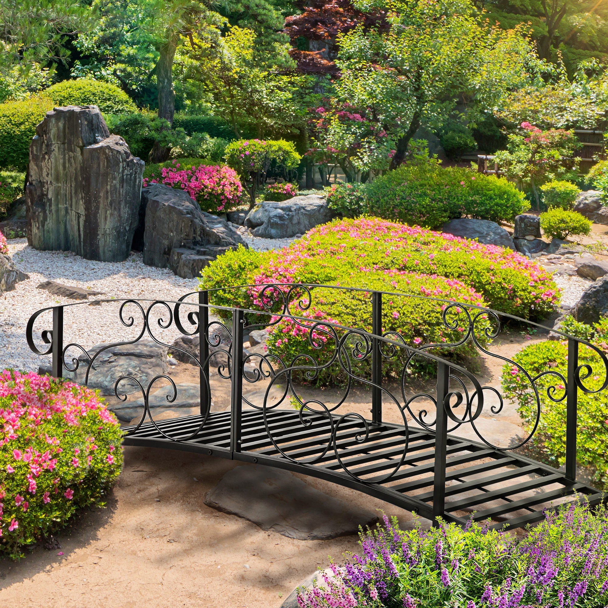 Outsunny Decorative Steel Garden Bridge 6FT with Safety Rails for Backyard Stream Pond Landscaping Black 