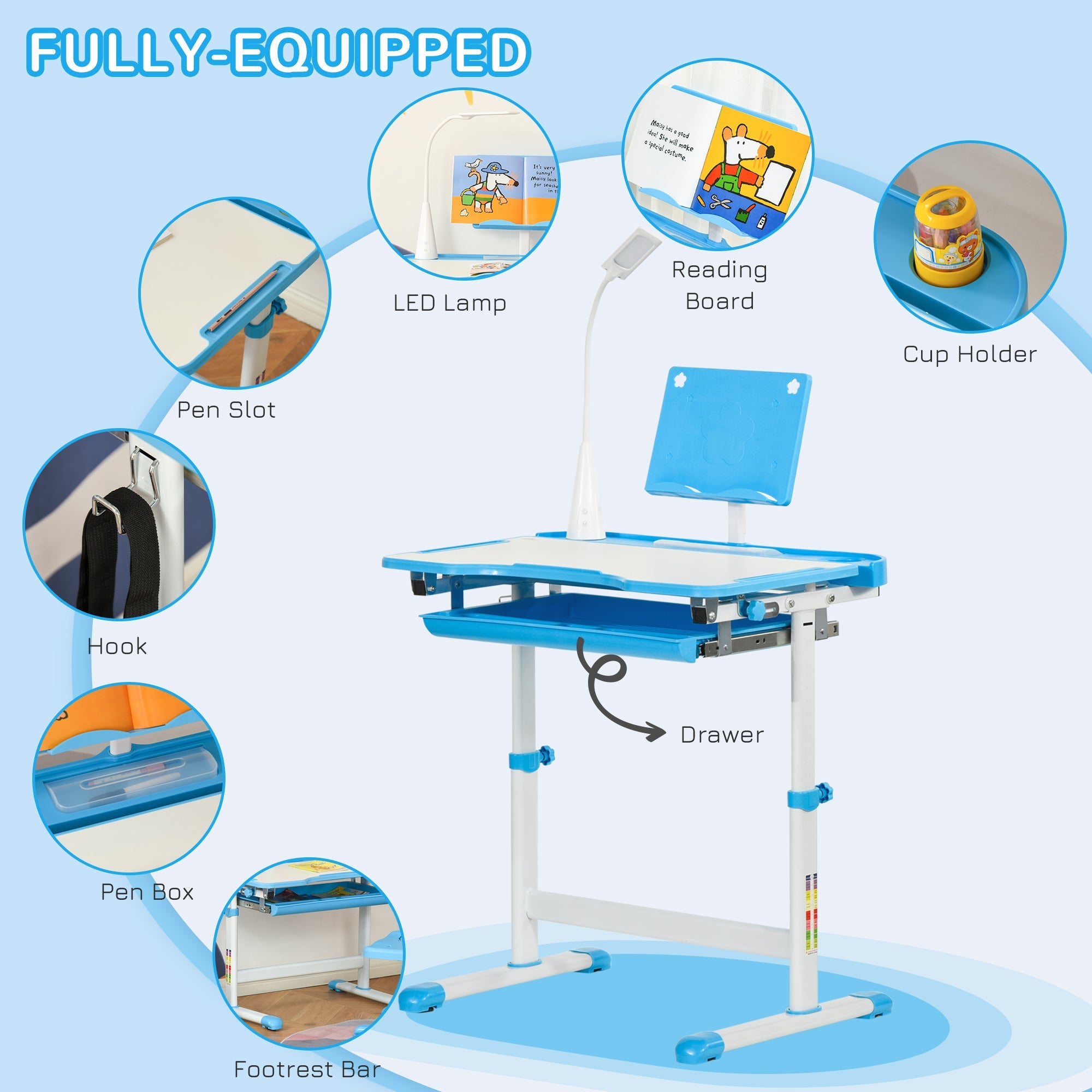 Qaba Adjustable Kids Desk Chair Set with Tilt Desktop LED Lamp Blue for Student Study Comfort 