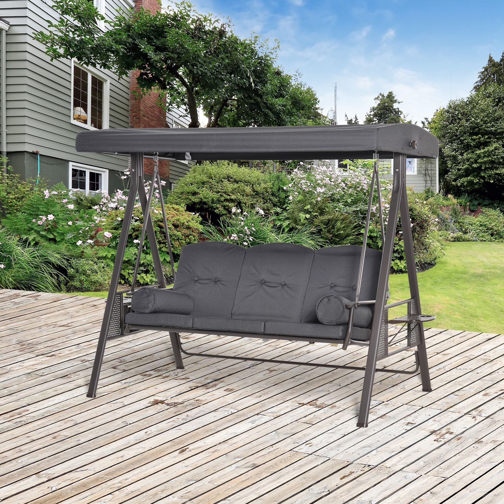 Outsunny Outdoor Patio 3-Person Steel Canopy Cushioned Seat Bench Swing with Included Side Trays & Padded Comfort, Dark Grey 