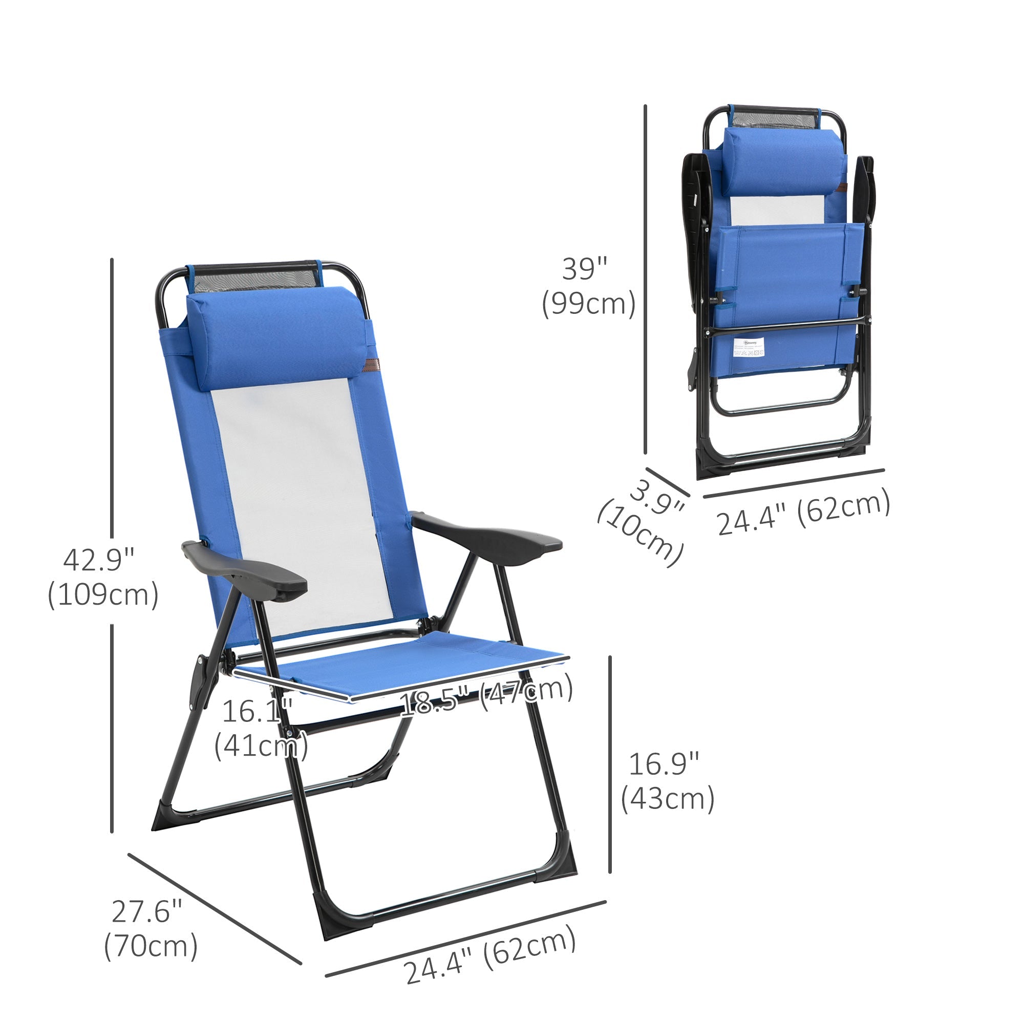 Outsunny Double Camping Chairs Foldable Reclining with Headrest Blue 