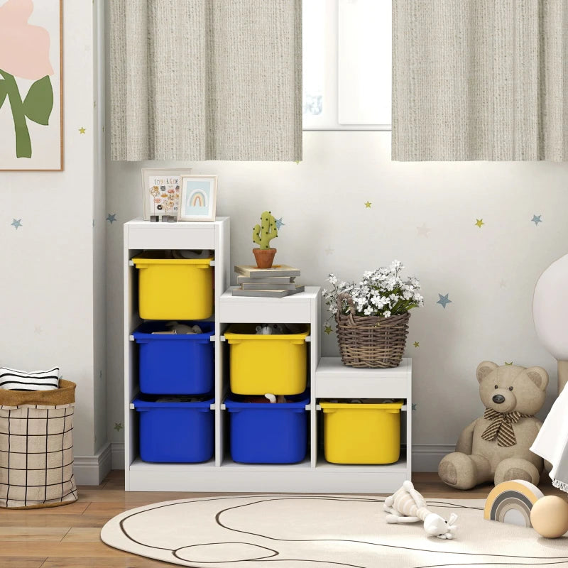 Qaba 3 Layers Toy Storage Organizer Kids Bookshelf Children Toy Storage w/ 6 Plastic Bins, Yellow & Blue
