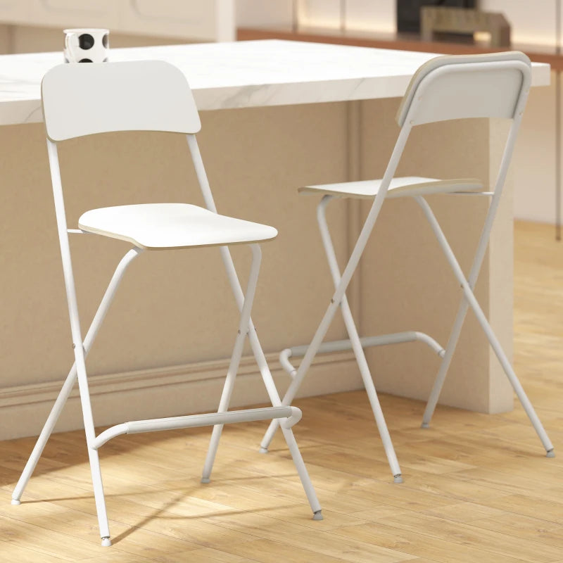 Folding Bar Stools Set of 2, Counter Height Foldable Stool with Wooden Effect Seat and Steel Frame for Kitchen, White