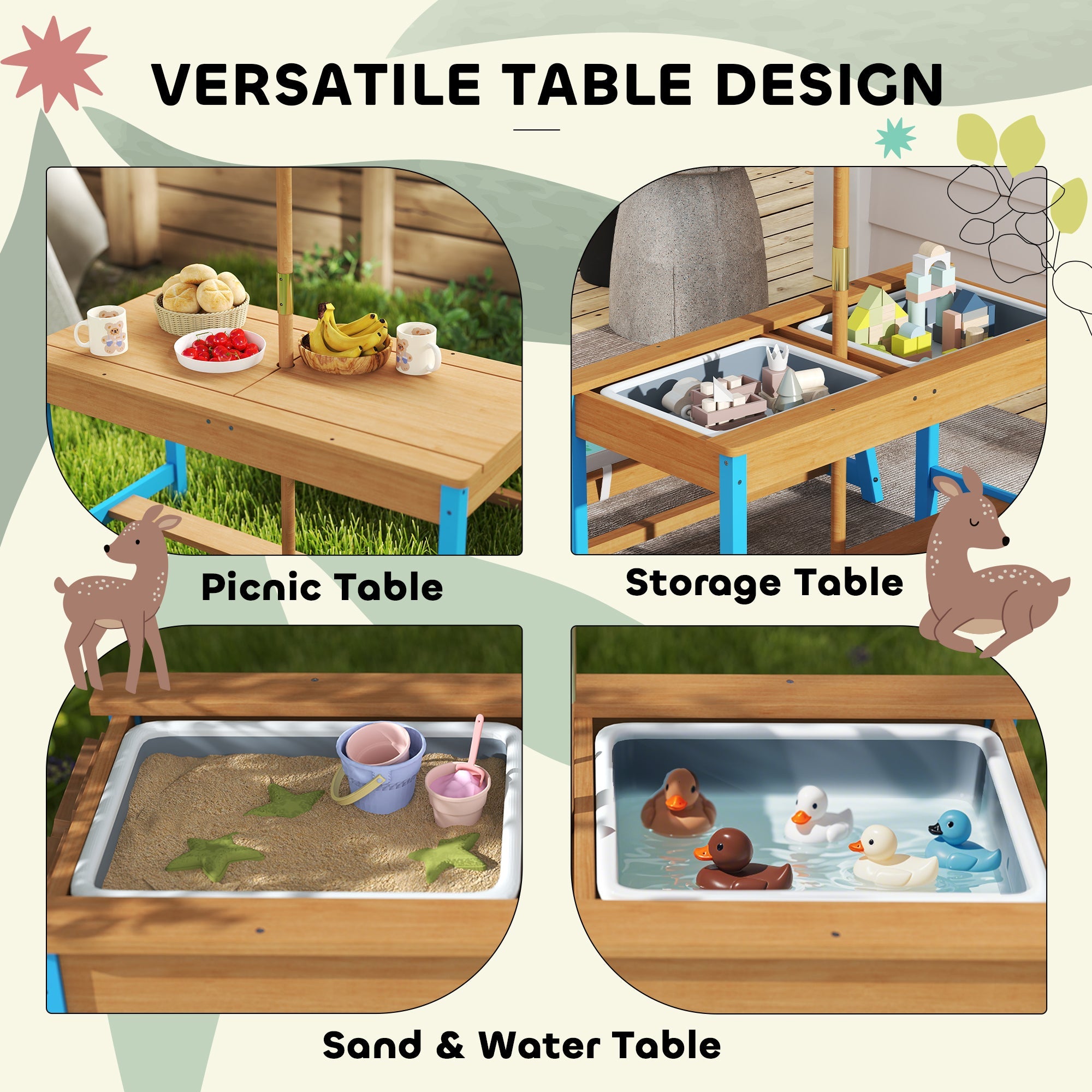 Qaba Kids Picnic Table and Bench Set with Removable Umbrella, Cushions & Boxes, Dinosaur Theme for Outdoor, Blue 