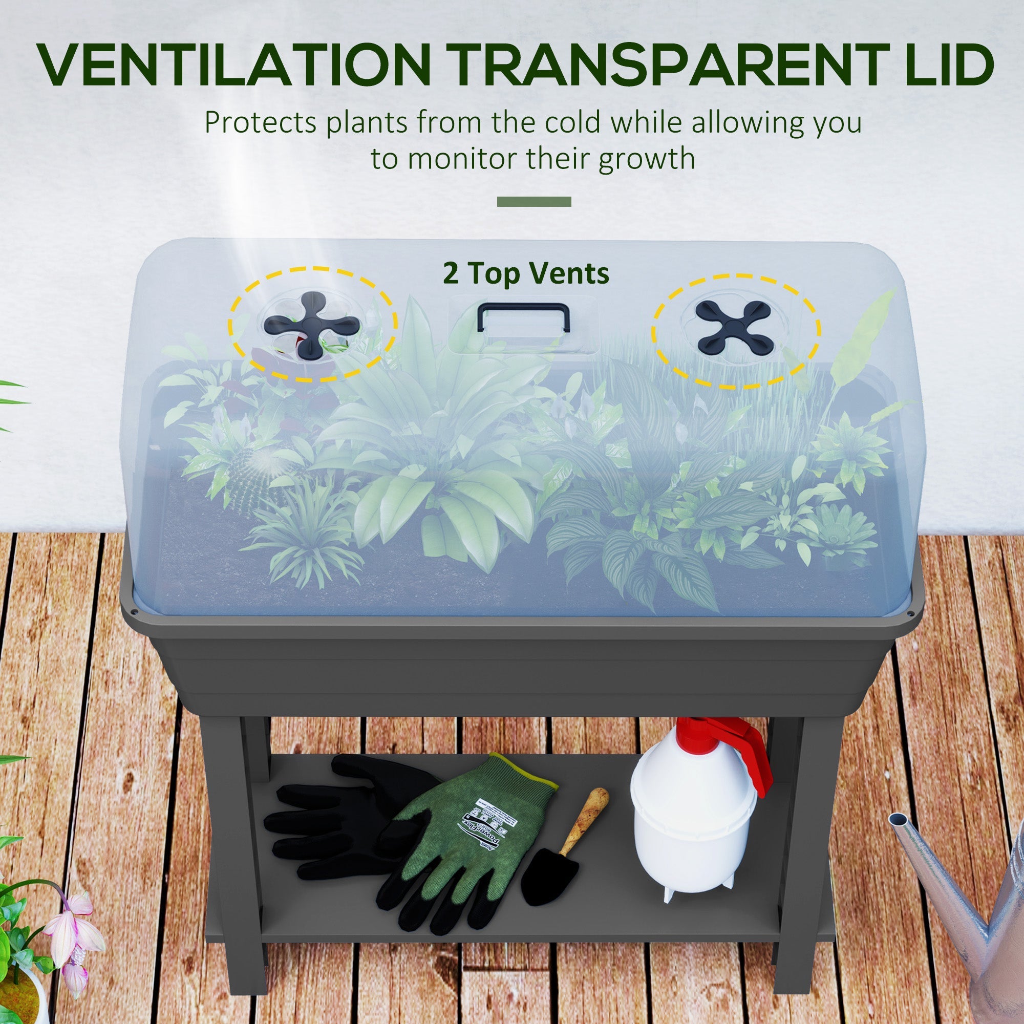 Outsunny 41L Self Watering Raised Garden Bed w/ Ventilation Transparent Lid Greenhouse, Planter Box w/ Storage Shelf, Dark Grey 