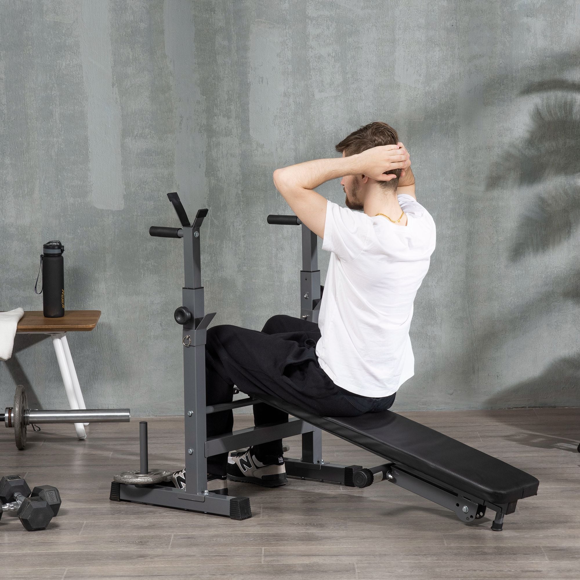 Soozier Adjustable Weight Bench Foldable Bench Press Barbell Rack Dip Station Home Gym Strength Training Workout 