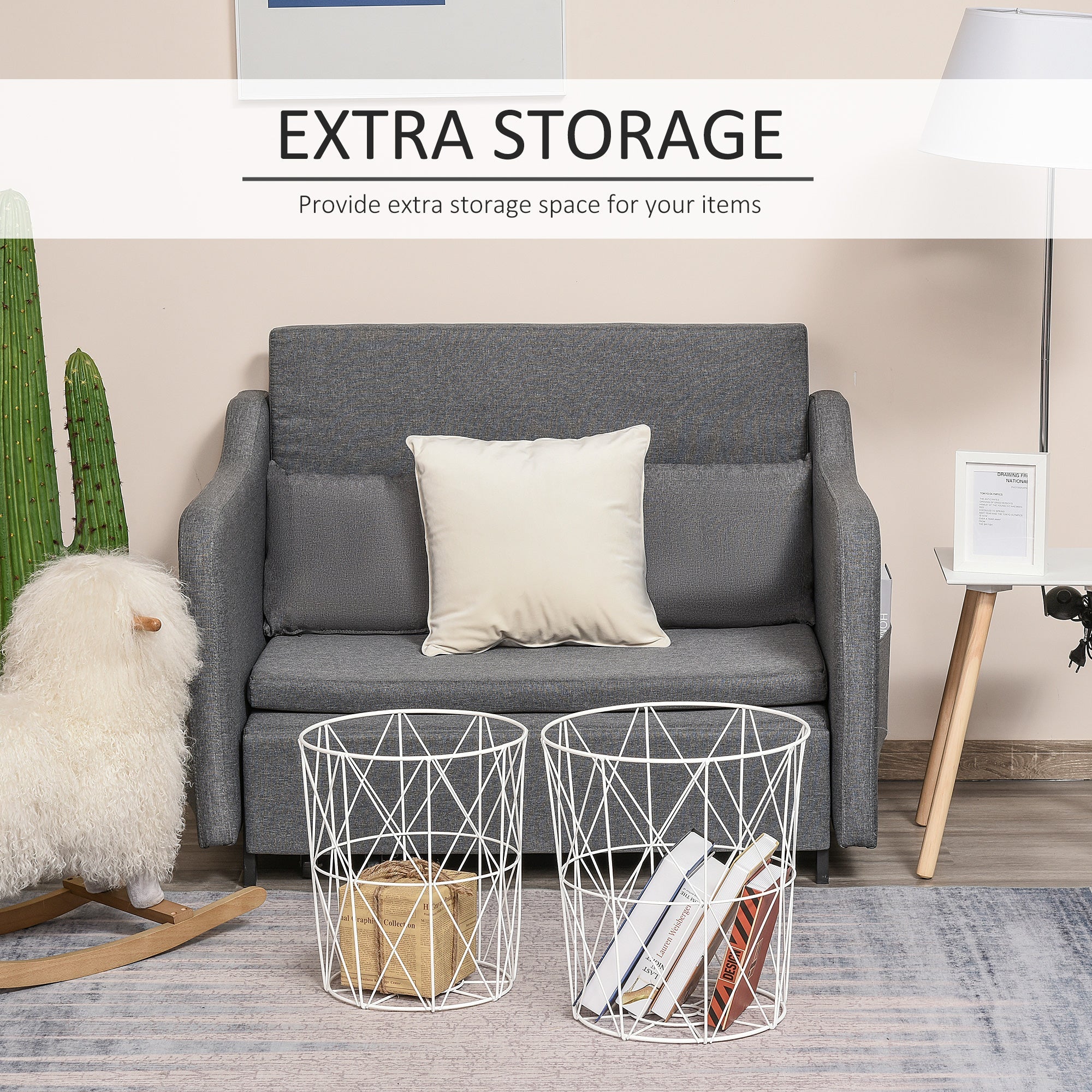 HOMCOM Nesting Coffee Table Set: 2 Round Metal Wire Baskets in White & Natural Finish 